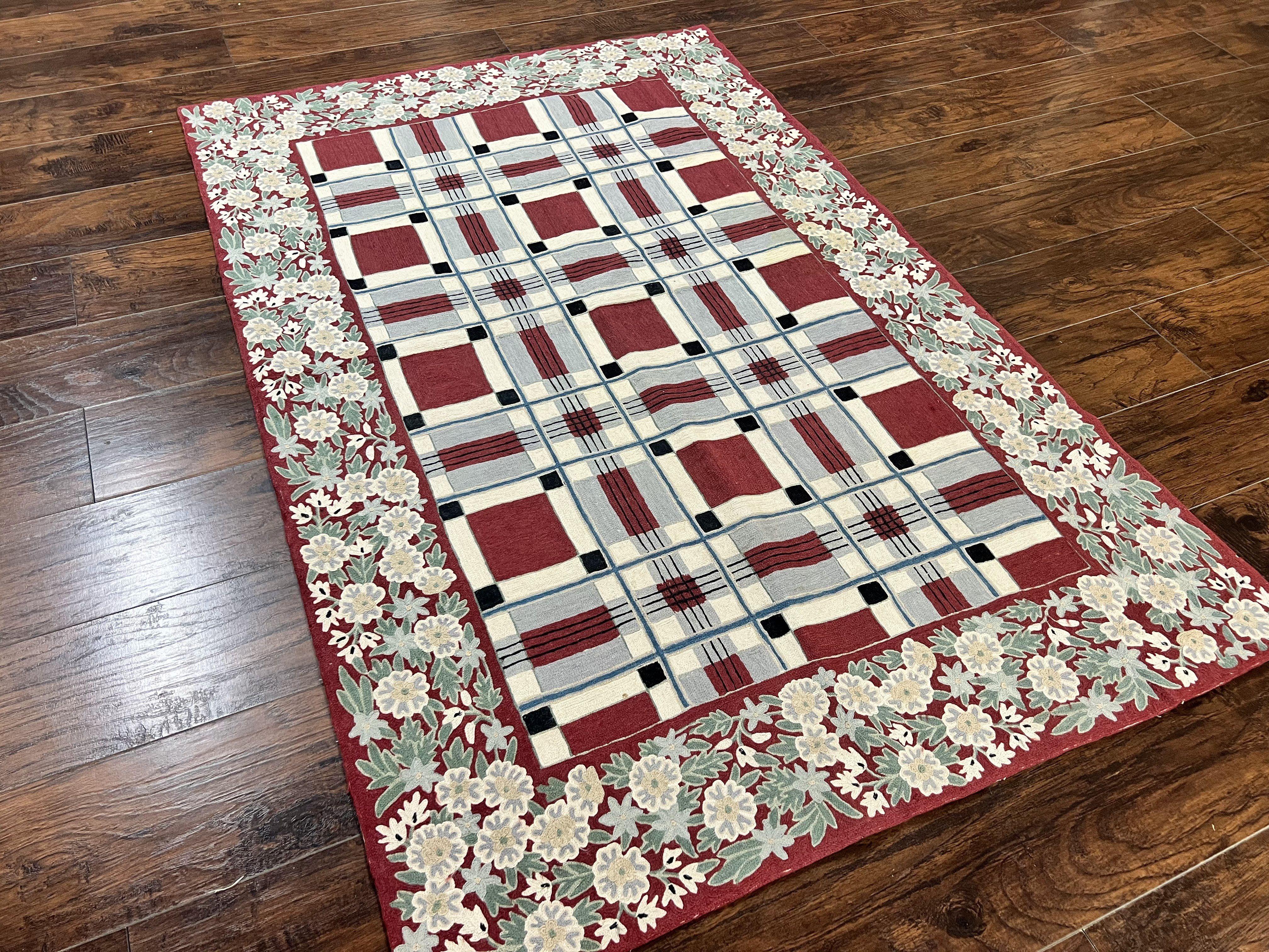 Indian Hand Stitched Rug 4x6, Vintage Carpet, Checkerboard Floral Pattern, Maroon Ivory, Flatweave, Wool - Image 12