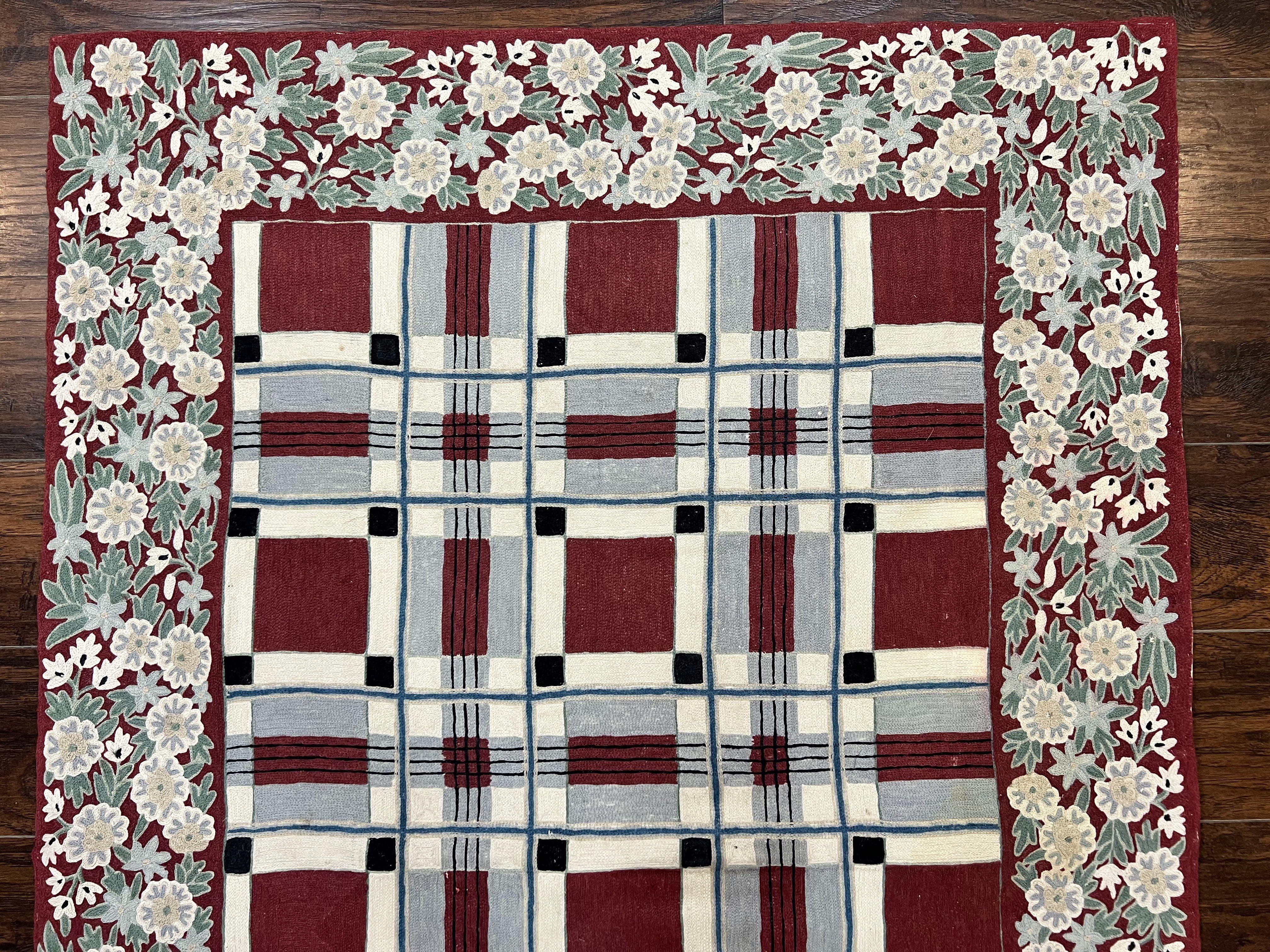Indian Hand Stitched Rug 4x6, Vintage Carpet, Checkerboard Floral Pattern, Maroon Ivory, Flatweave, Wool - Image 3