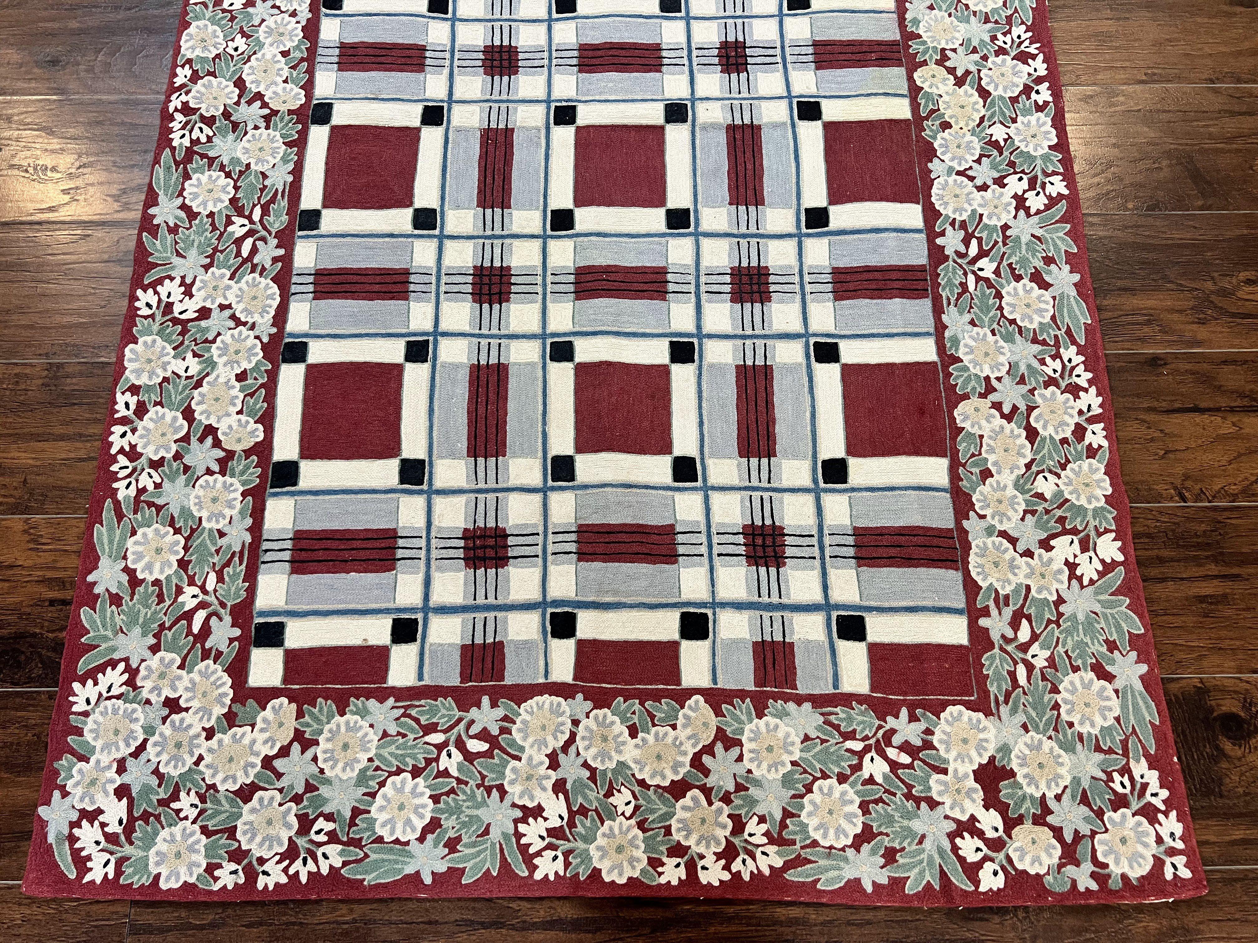 Indian Hand Stitched Rug 4x6, Vintage Carpet, Checkerboard Floral Pattern, Maroon Ivory, Flatweave, Wool - Image 5