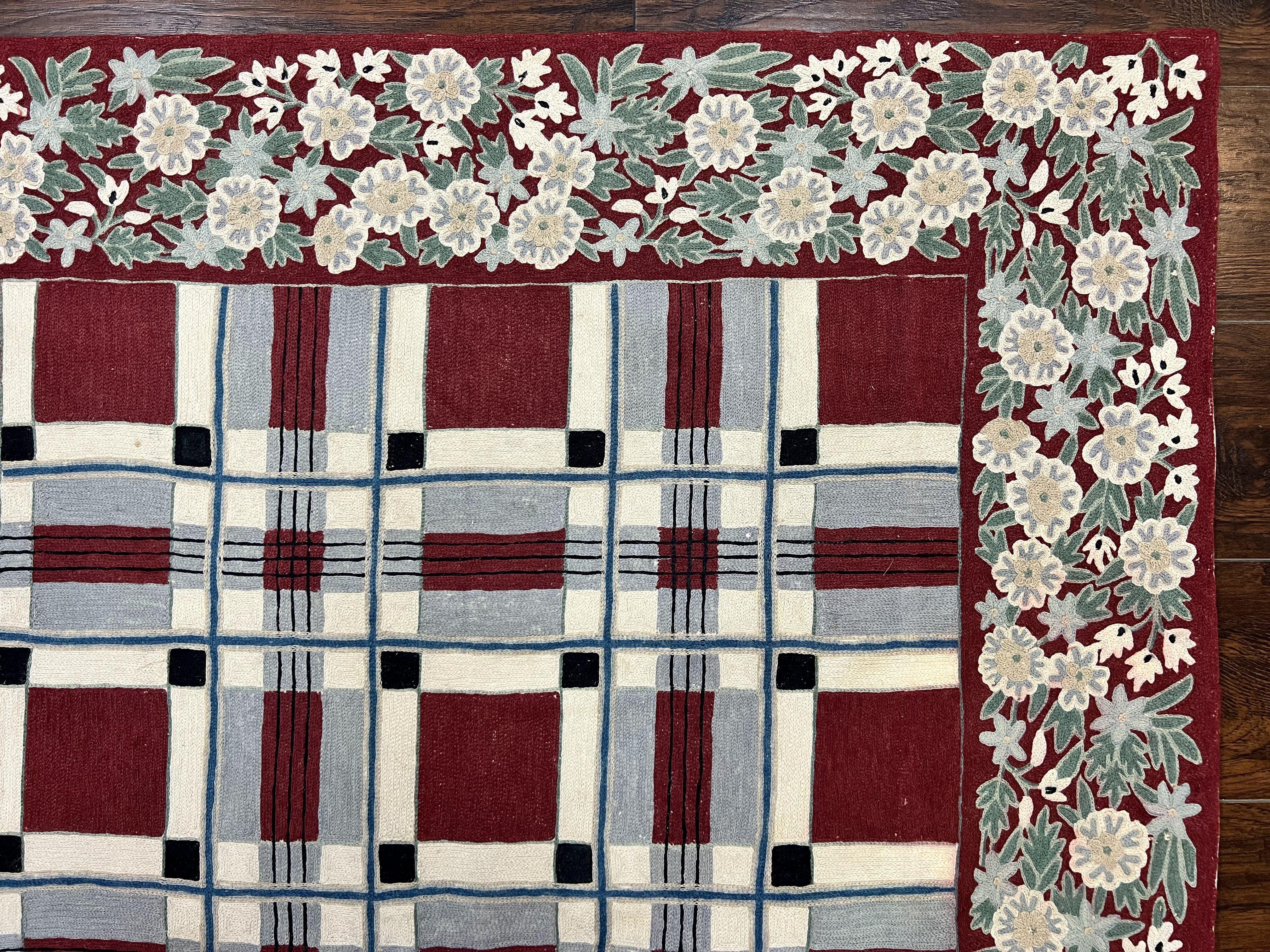 Indian Hand Stitched Rug 4x6, Vintage Carpet, Checkerboard Floral Pattern, Maroon Ivory, Flatweave, Wool - Image 7