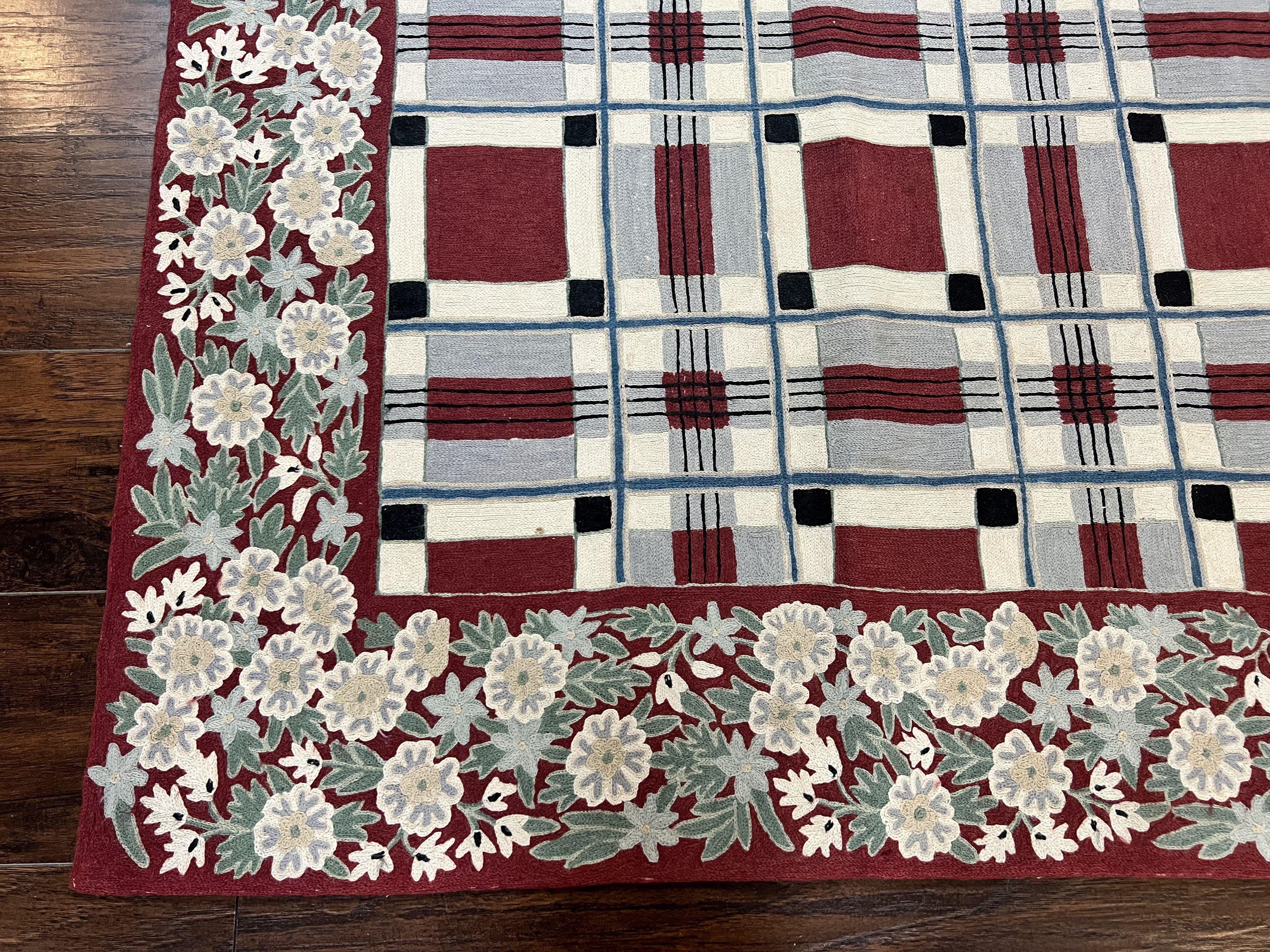 Indian Hand Stitched Rug 4x6, Vintage Carpet, Checkerboard Floral Pattern, Maroon Ivory, Flatweave, Wool - Image 8