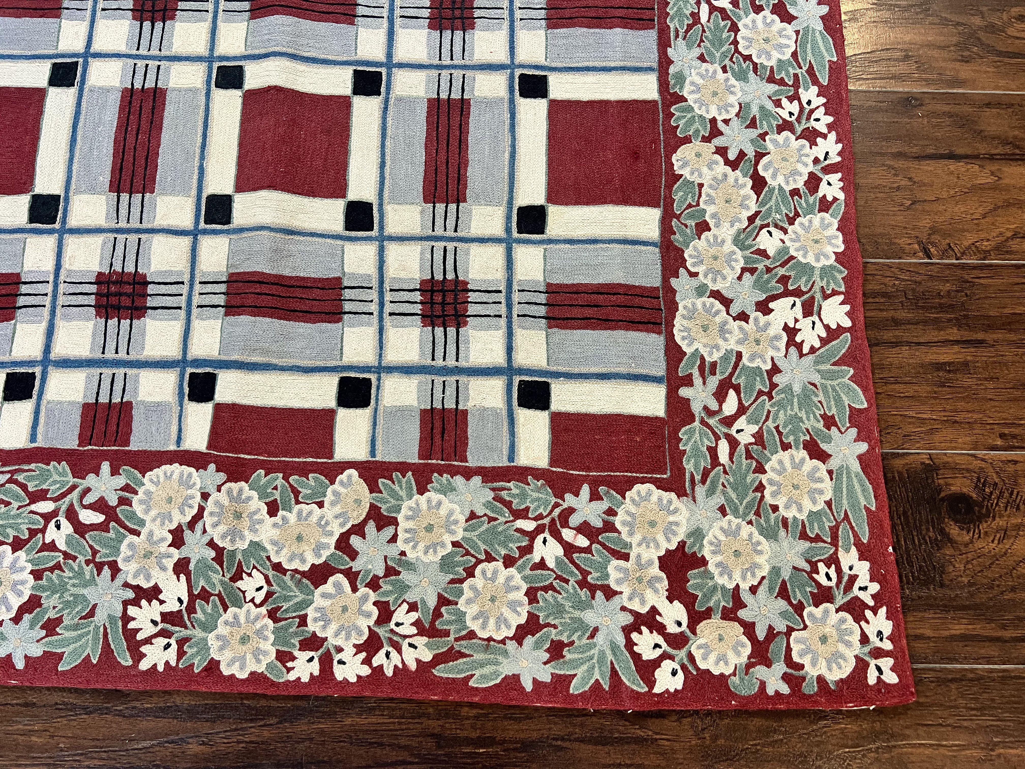 Indian Hand Stitched Rug 4x6, Vintage Carpet, Checkerboard Floral Pattern, Maroon Ivory, Flatweave, Wool - Image 9