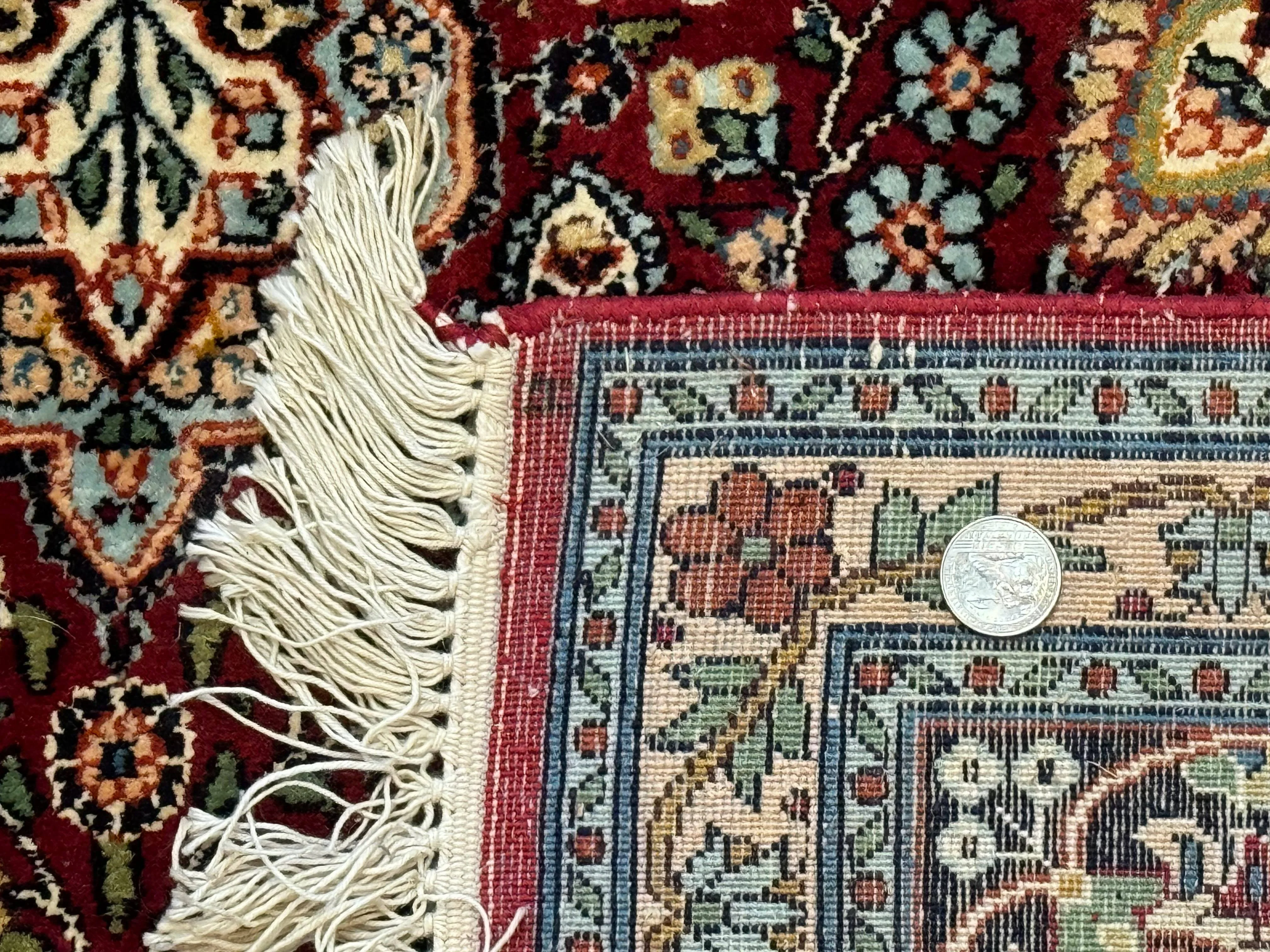 Indian Kashmiri Silk Rug 6x9, Red and Navy Blue, Floral Medallion, Fine 275 KPSI - Image 10