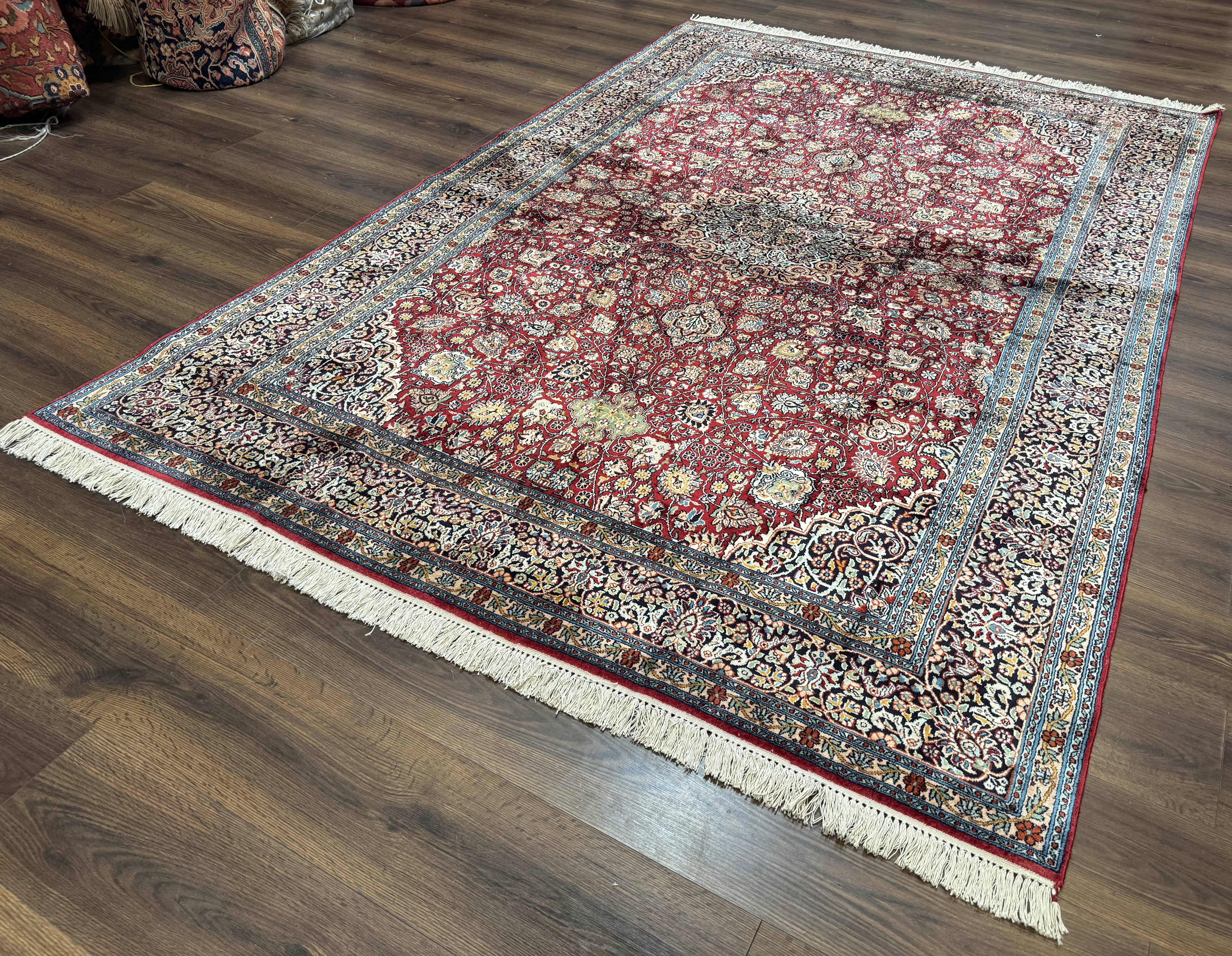 Indian Kashmiri Silk Rug 6x9, Red and Navy Blue, Floral Medallion, Fine 275 KPSI - Image 2