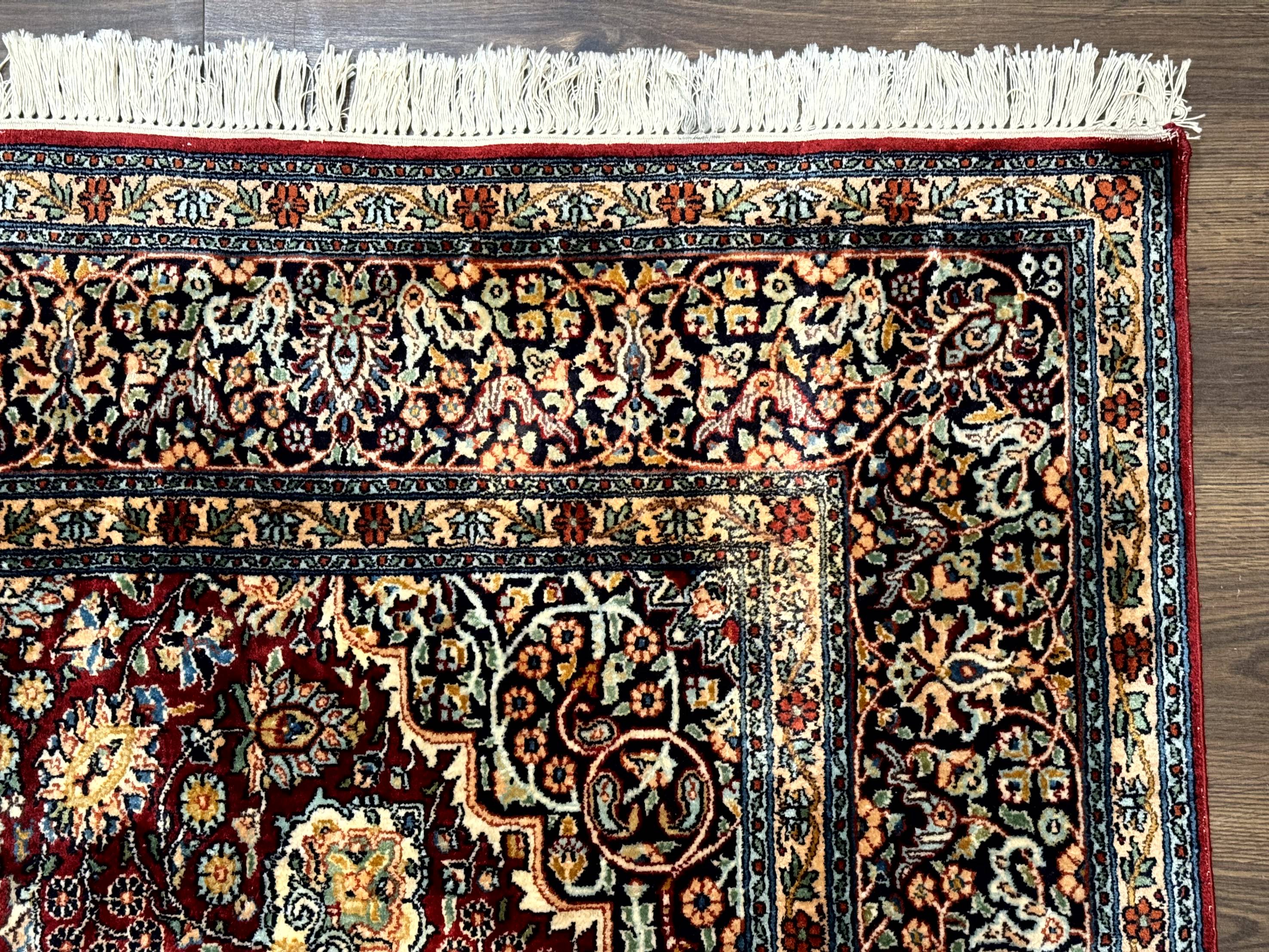 Indian Kashmiri Silk Rug 6x9, Red and Navy Blue, Floral Medallion, Fine 275 KPSI - Image 7