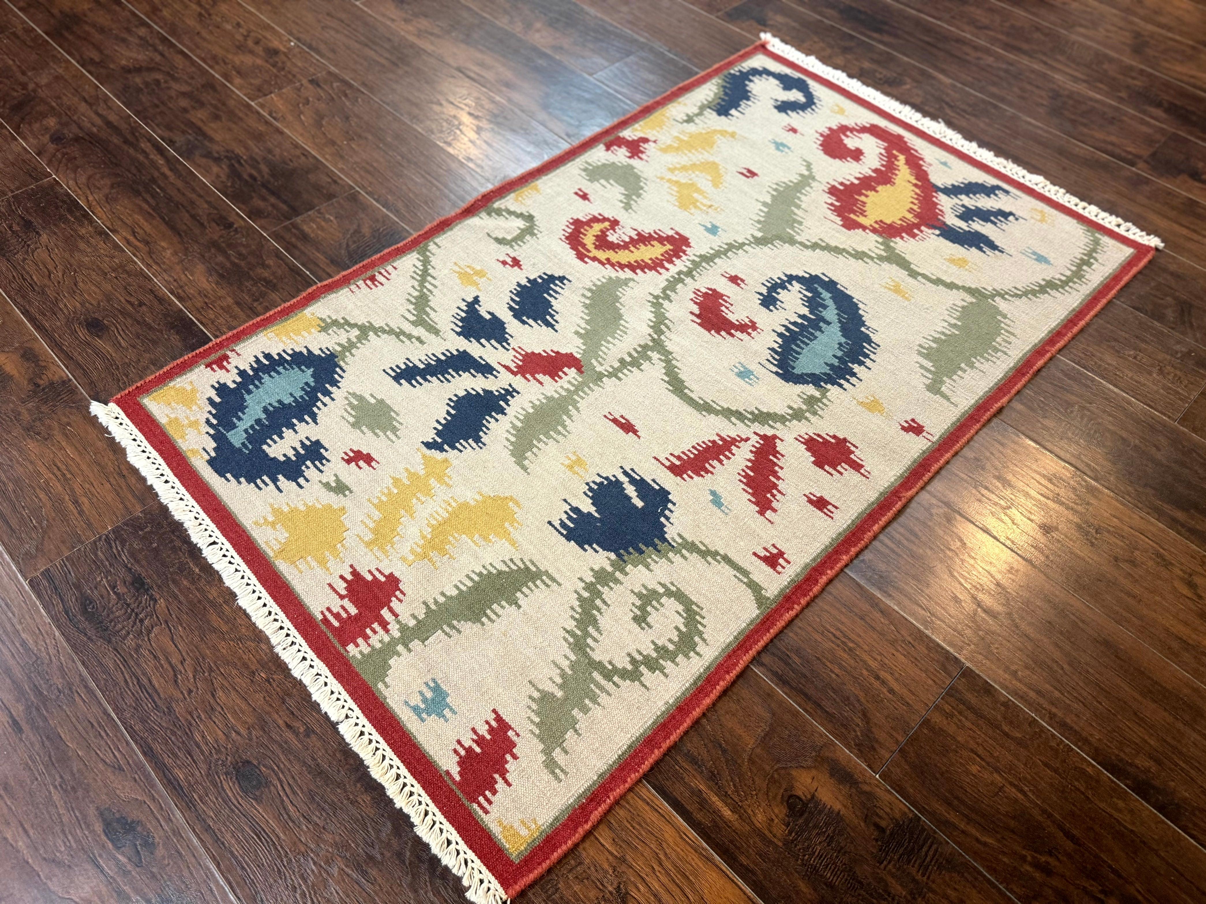 Indian Kilim Flatweave Rug 3x5, Abstract, Beige and Multicolor Flowers, Handmade - Image 2