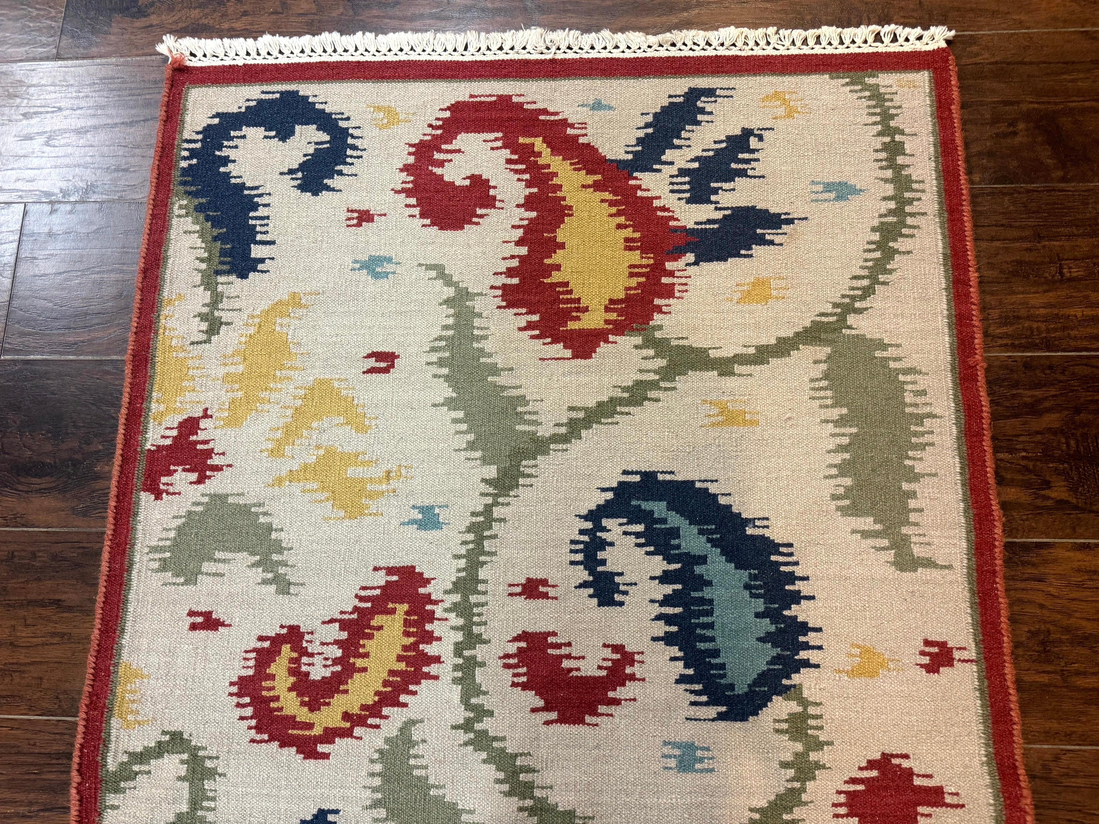 Indian Kilim Flatweave Rug 3x5, Abstract, Beige and Multicolor Flowers, Handmade - Image 3