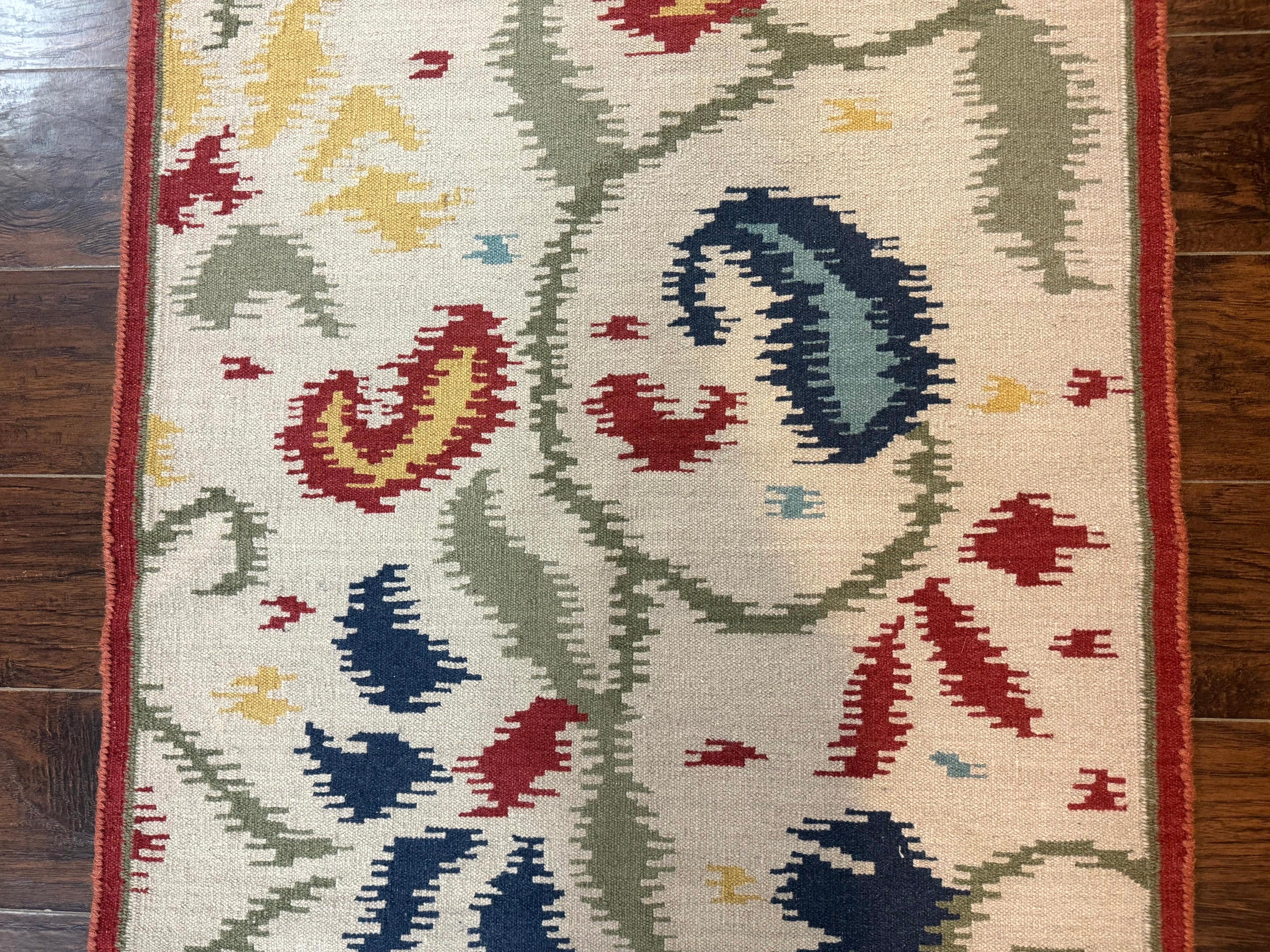 Indian Kilim Flatweave Rug 3x5, Abstract, Beige and Multicolor Flowers, Handmade - Image 5