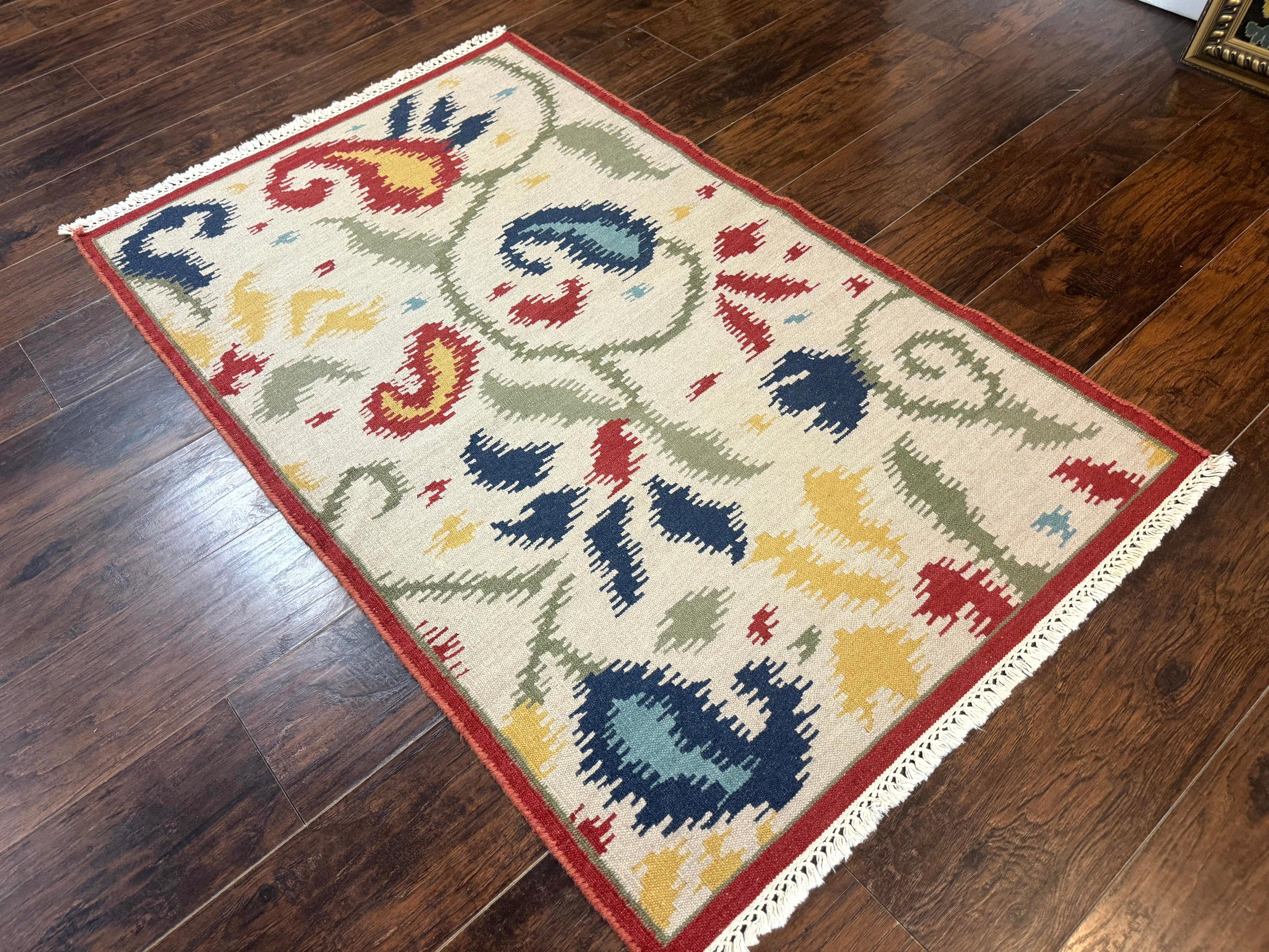Indian Kilim Flatweave Rug 3x5, Abstract, Beige and Multicolor Flowers, Handmade - Image 8