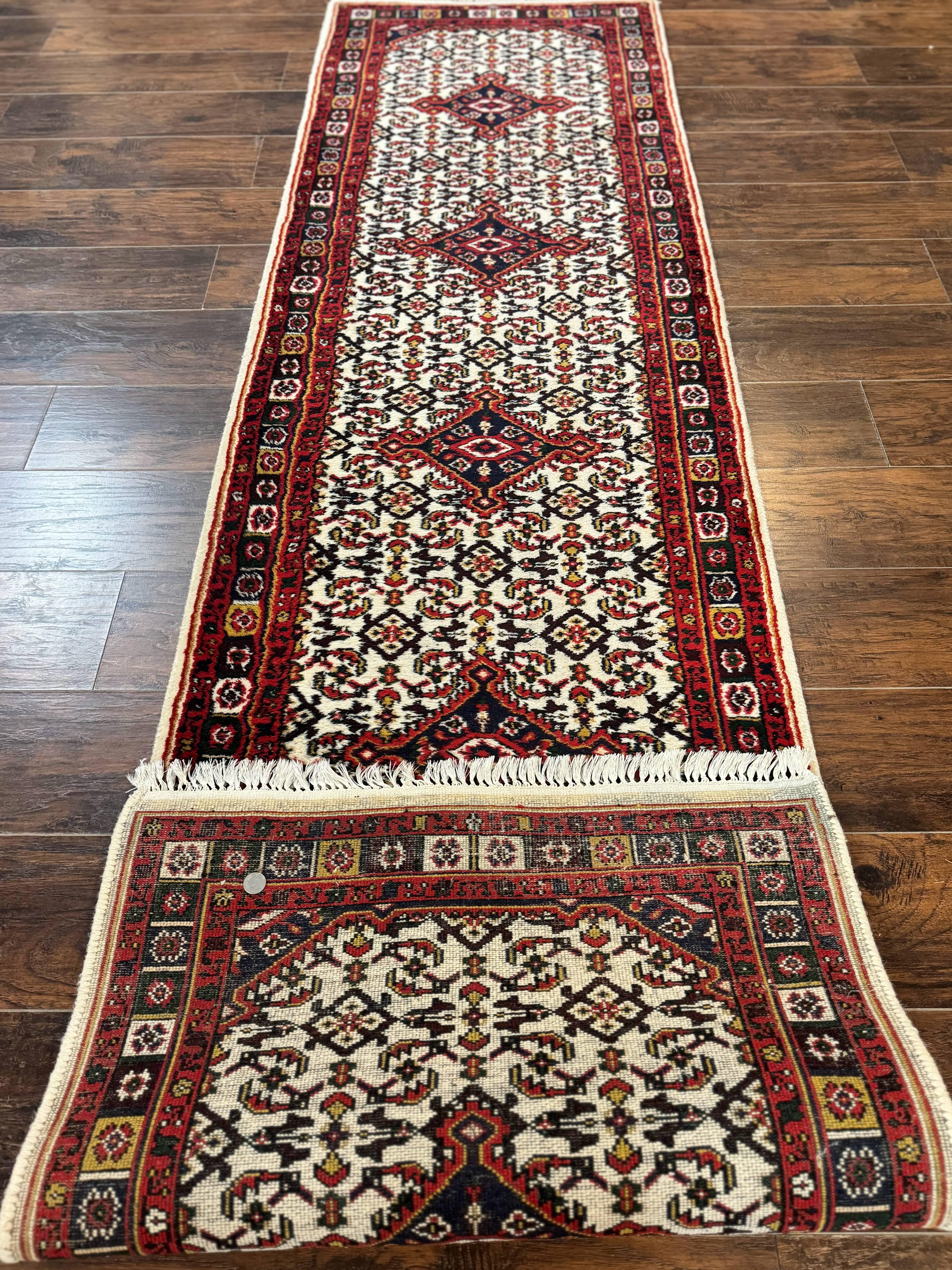 Indo Persian Bidjar Runner Rug 2.8 x 10, Vintage Rug for Hallway, 10ft Runner, Wool Handmade Ivory and Red, Medallions - Image 10