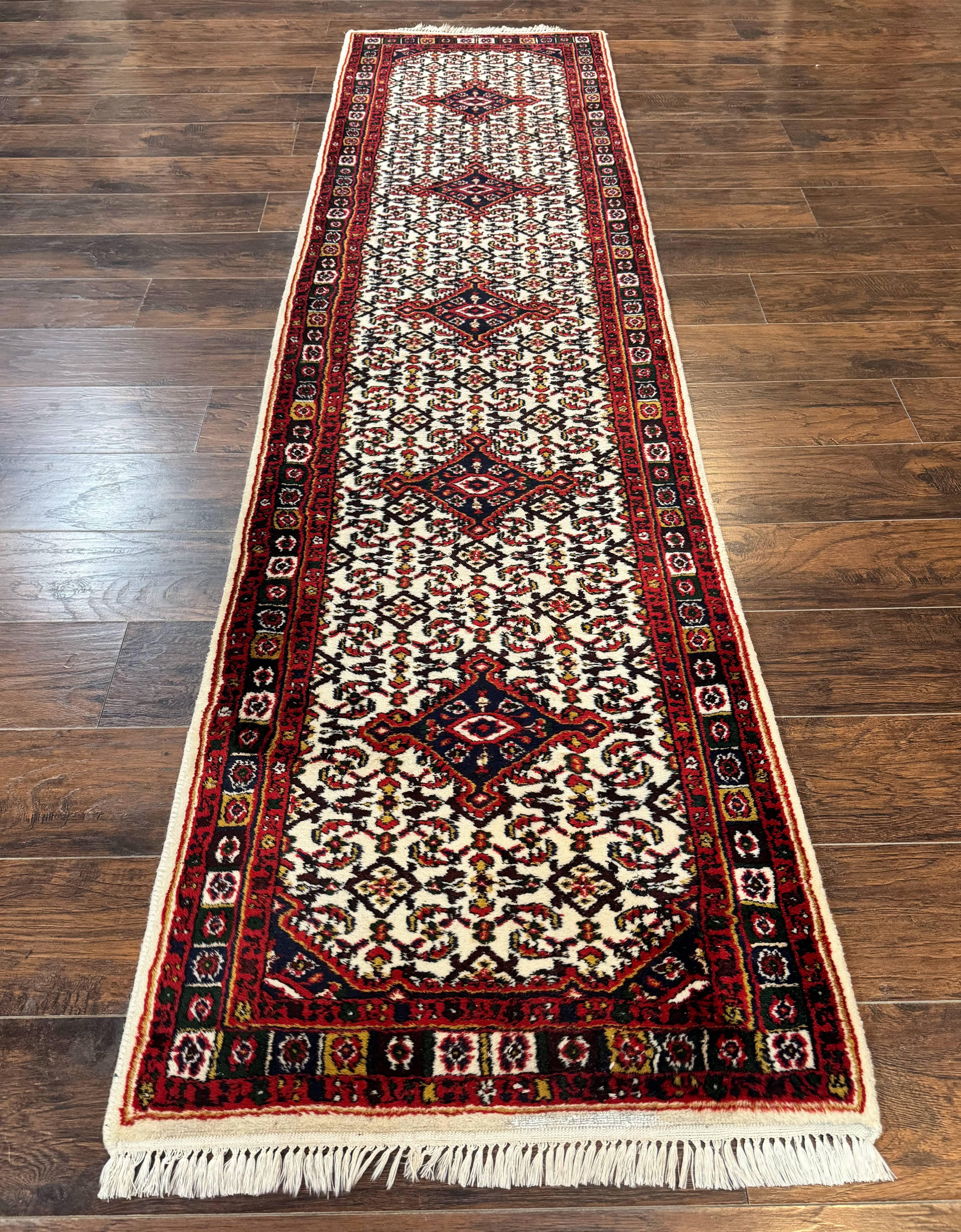 Indo Persian Bidjar Runner Rug 2.8 x 10, Vintage Rug for Hallway, 10ft Runner, Wool Handmade Ivory and Red, Medallions - Image 12