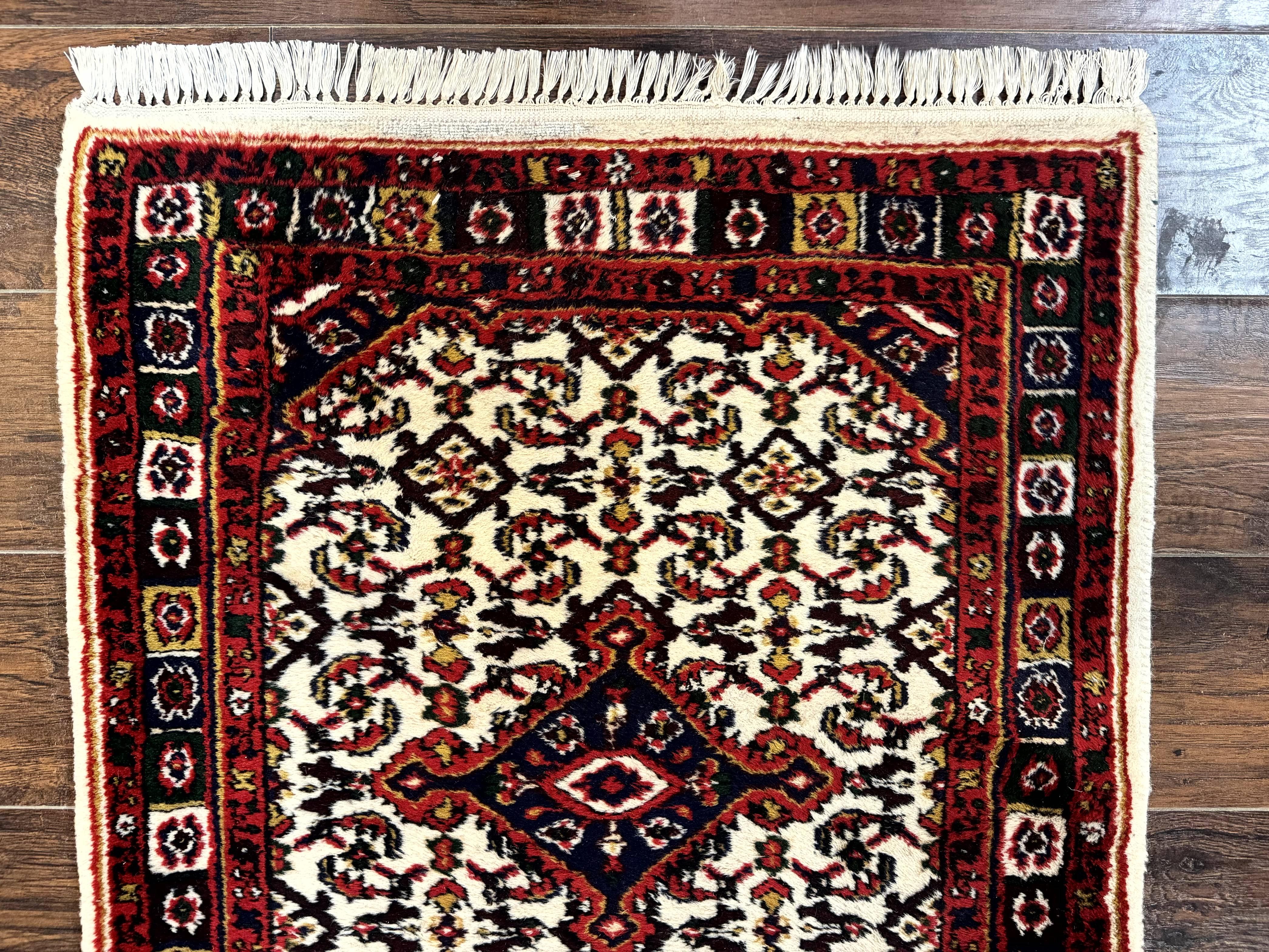 Indo Persian Bidjar Runner Rug 2.8 x 10, Vintage Rug for Hallway, 10ft Runner, Wool Handmade Ivory and Red, Medallions - Image 3