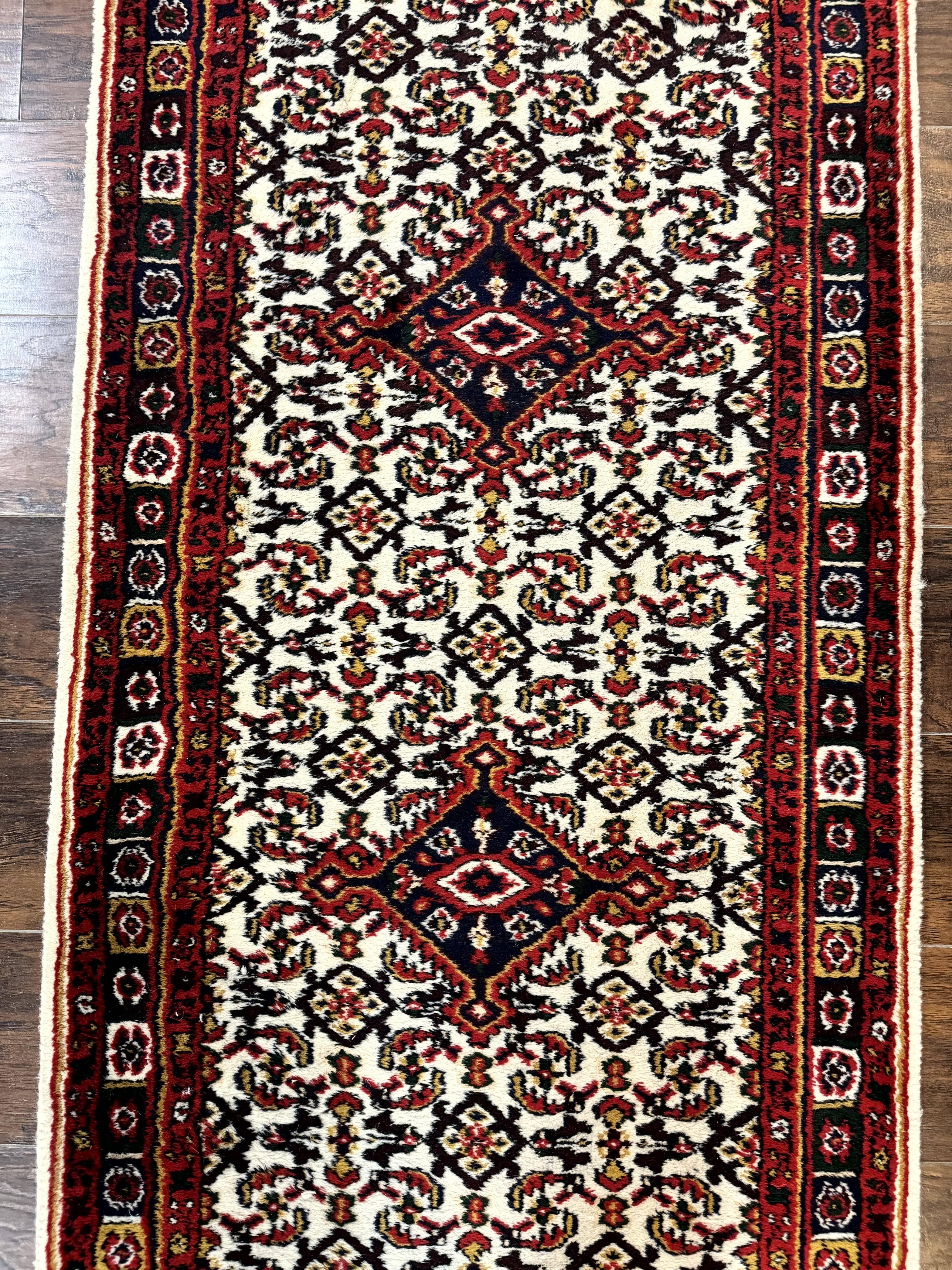 Indo Persian Bidjar Runner Rug 2.8 x 10, Vintage Rug for Hallway, 10ft Runner, Wool Handmade Ivory and Red, Medallions - Image 4