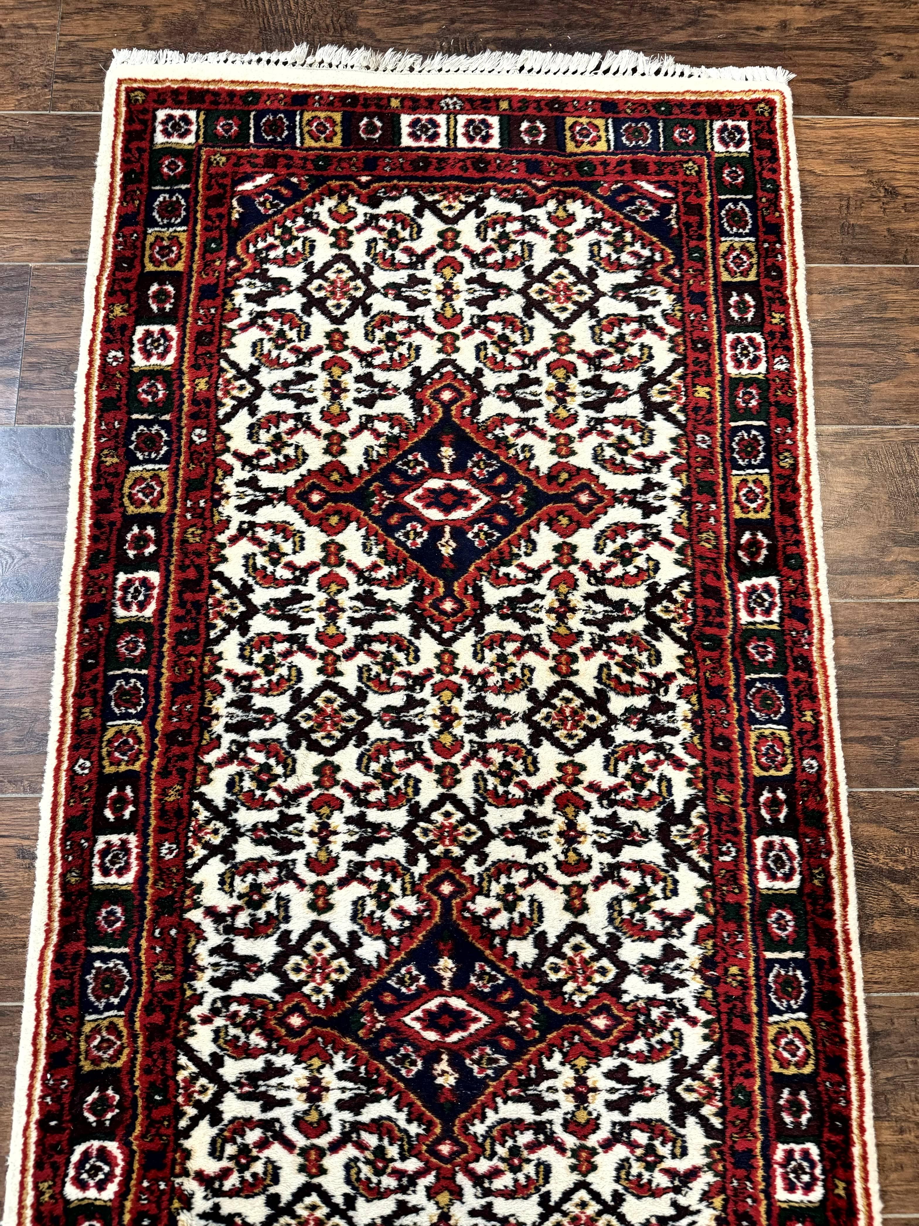 Indo Persian Bidjar Runner Rug 2.8 x 10, Vintage Rug for Hallway, 10ft Runner, Wool Handmade Ivory and Red, Medallions - Image 6