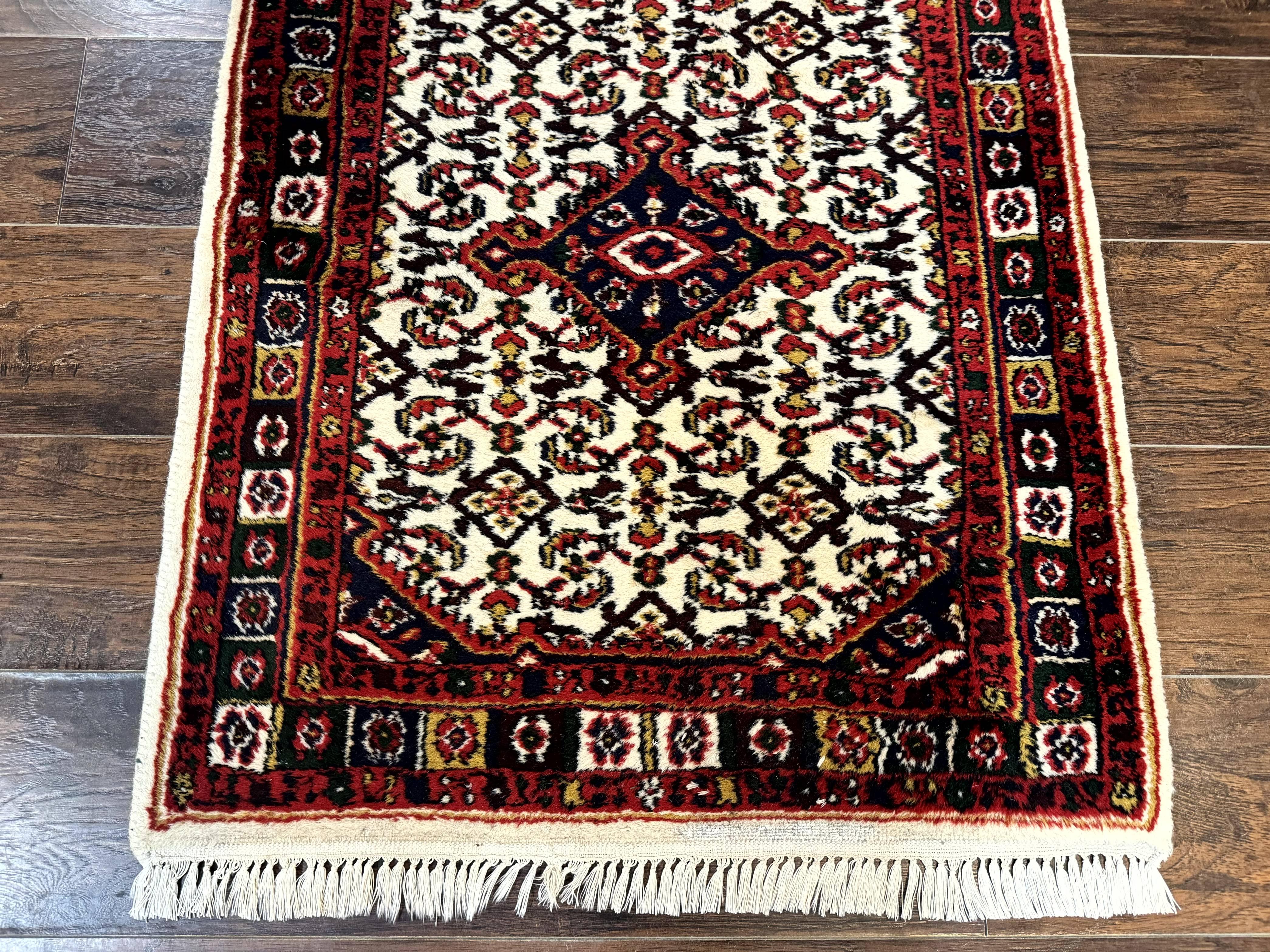 Indo Persian Bidjar Runner Rug 2.8 x 10, Vintage Rug for Hallway, 10ft Runner, Wool Handmade Ivory and Red, Medallions - Image 7