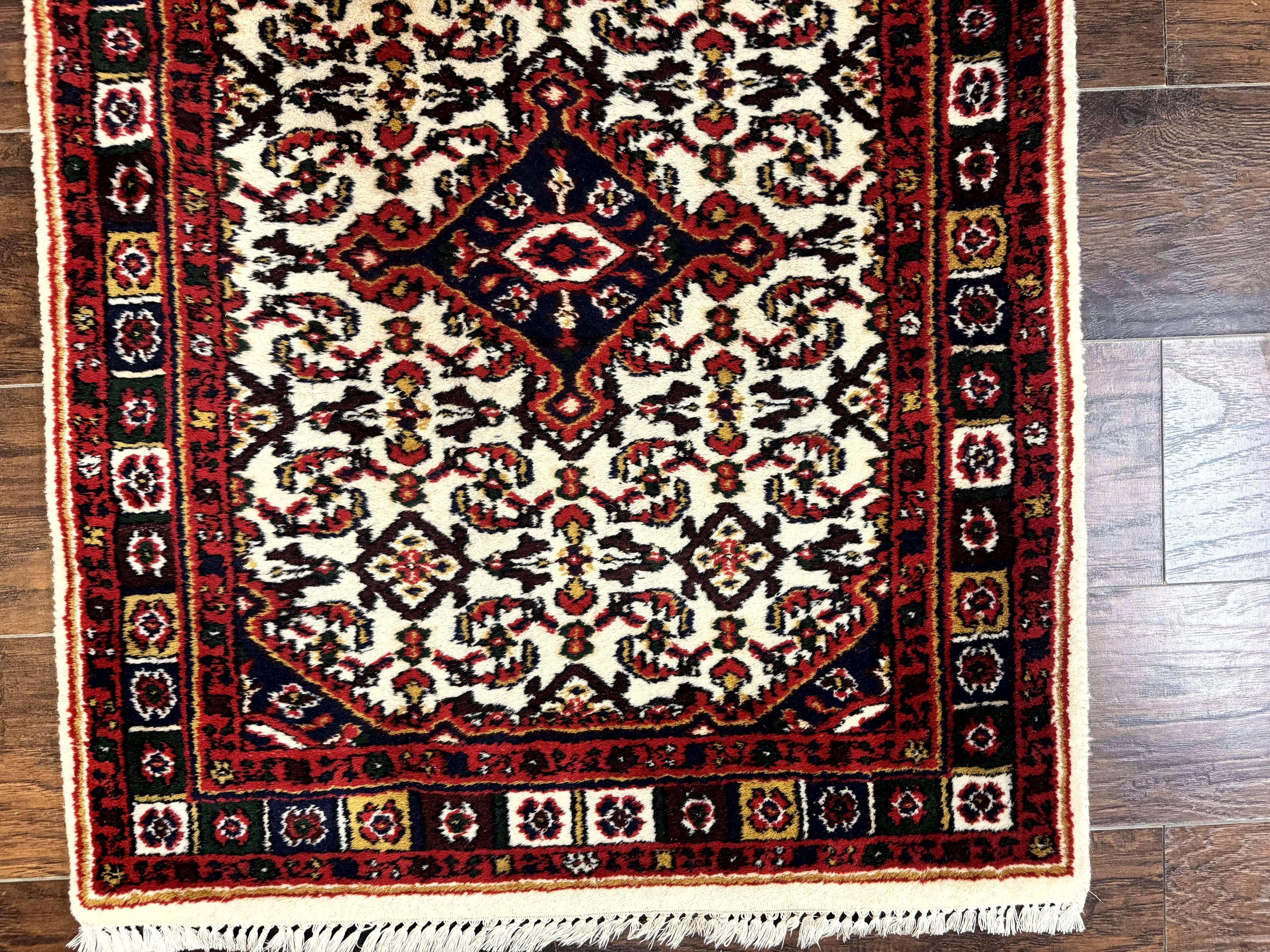 Indo Persian Bidjar Runner Rug 2.8 x 10, Vintage Rug for Hallway, 10ft Runner, Wool Handmade Ivory and Red, Medallions - Image 9