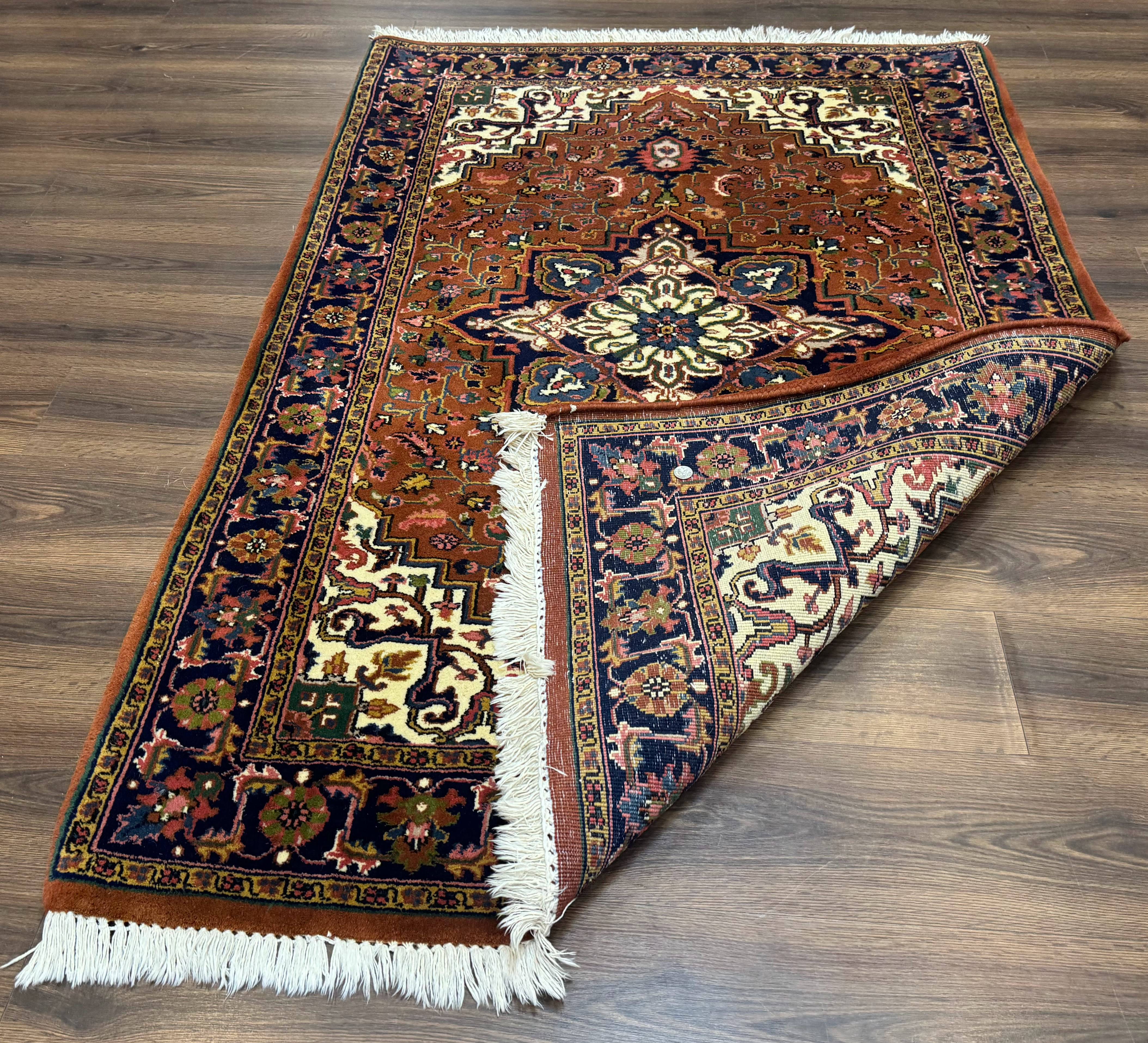 Indo Persian Heriz Rug 4x6, Rust Red Navy Blue and Cream - Image 11
