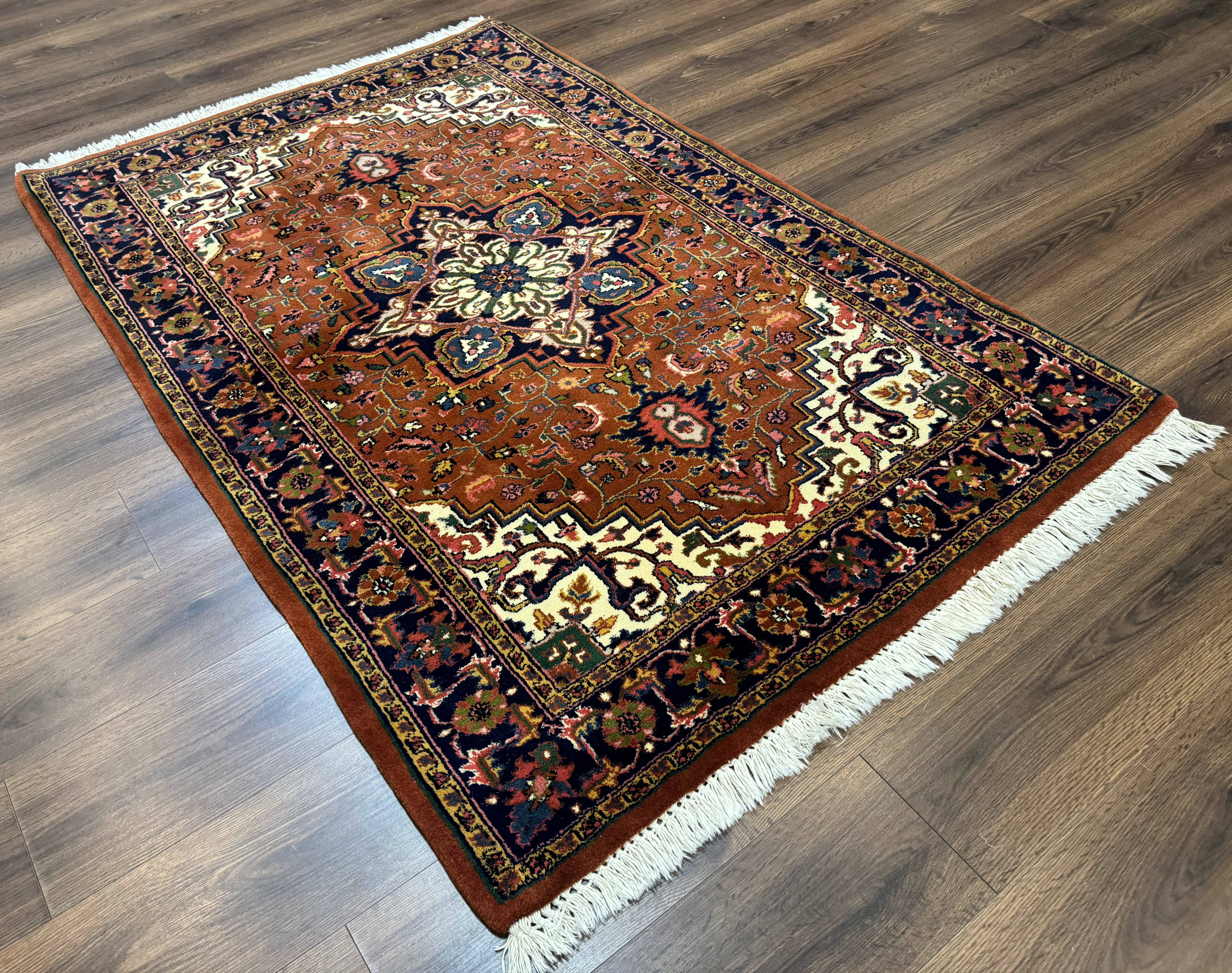 Indo Persian Heriz Rug 4x6, Rust Red Navy Blue and Cream - Image 12