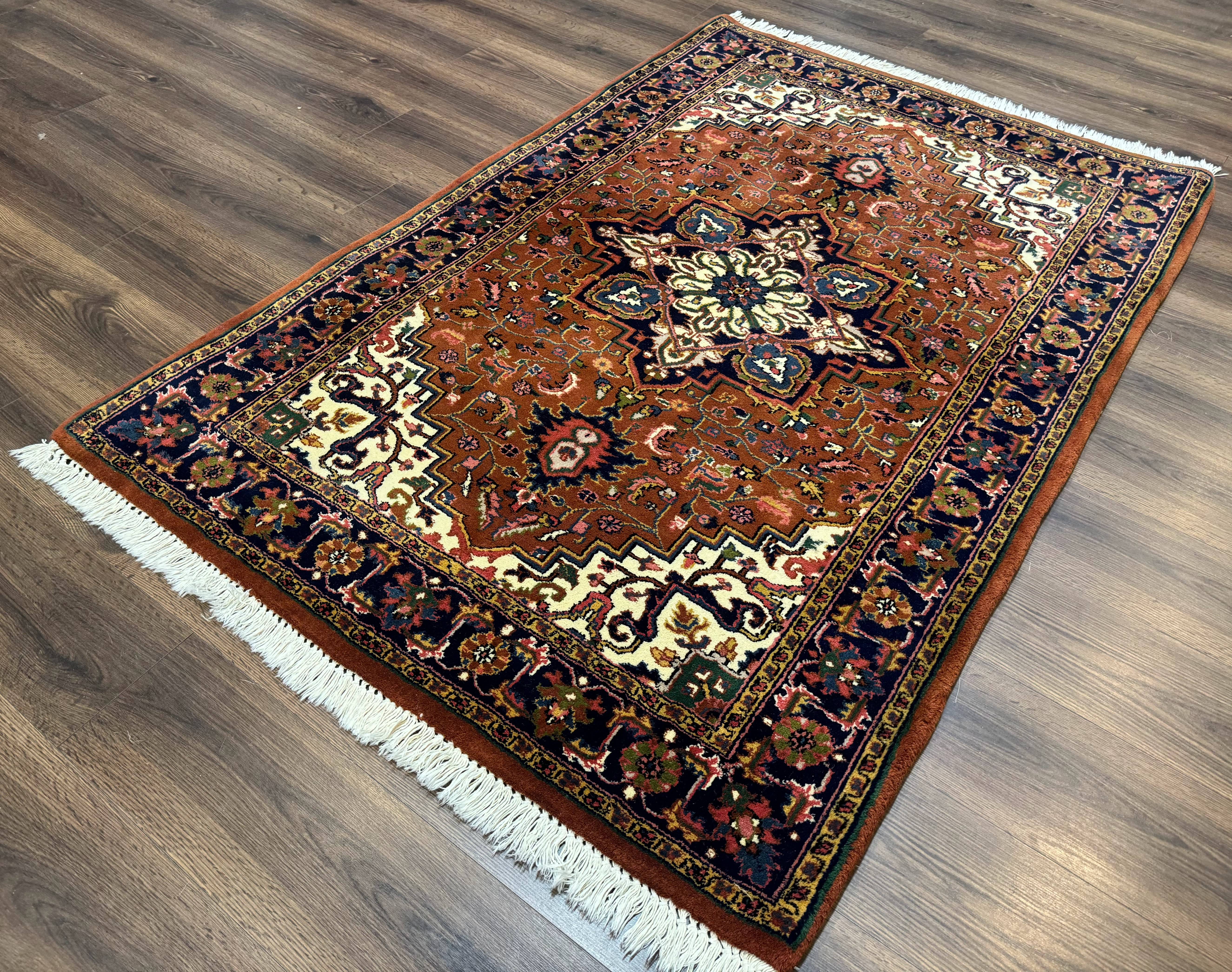 Indo Persian Heriz Rug 4x6, Rust Red Navy Blue and Cream - Image 2