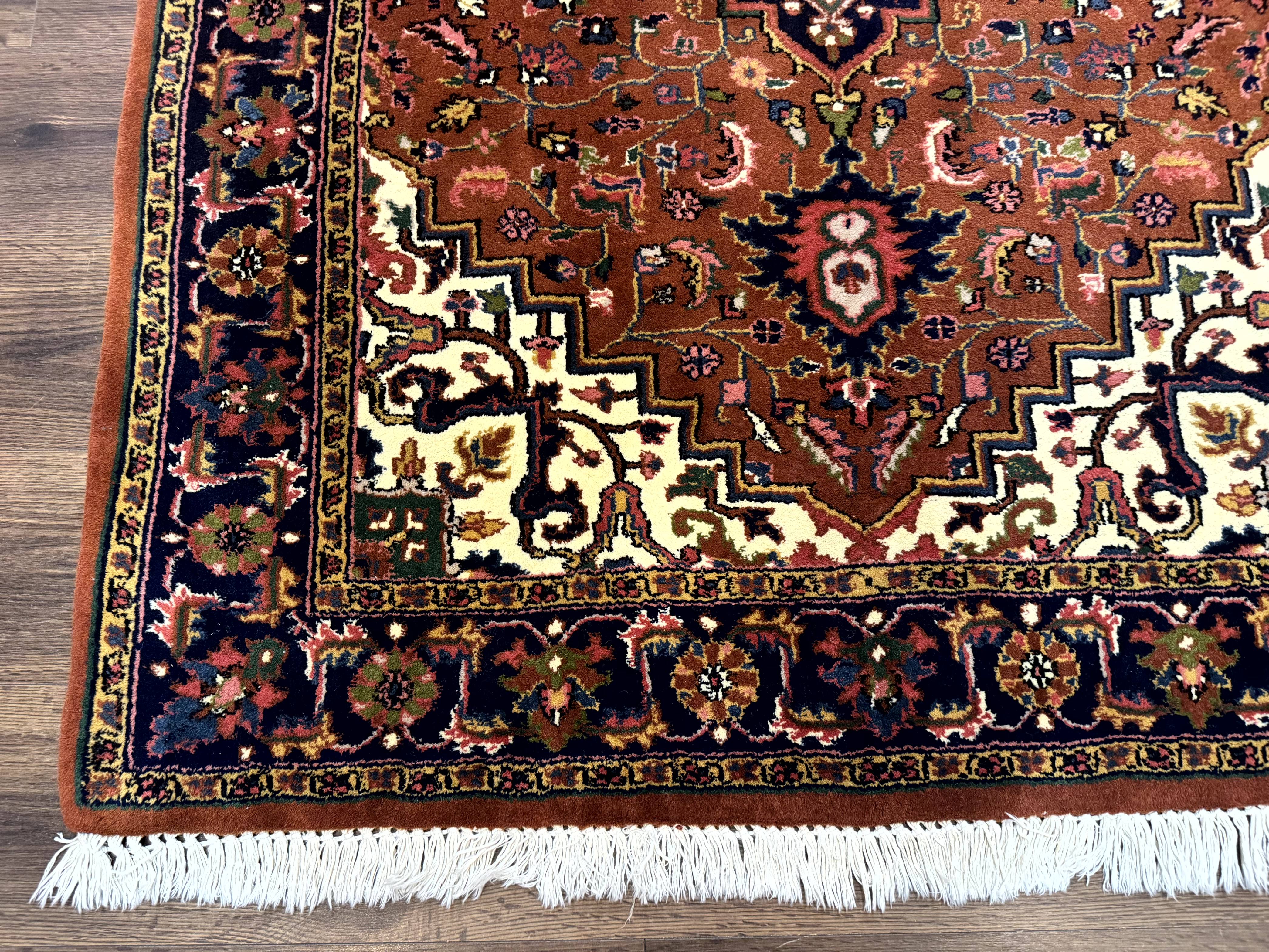 Indo Persian Heriz Rug 4x6, Rust Red Navy Blue and Cream - Image 8