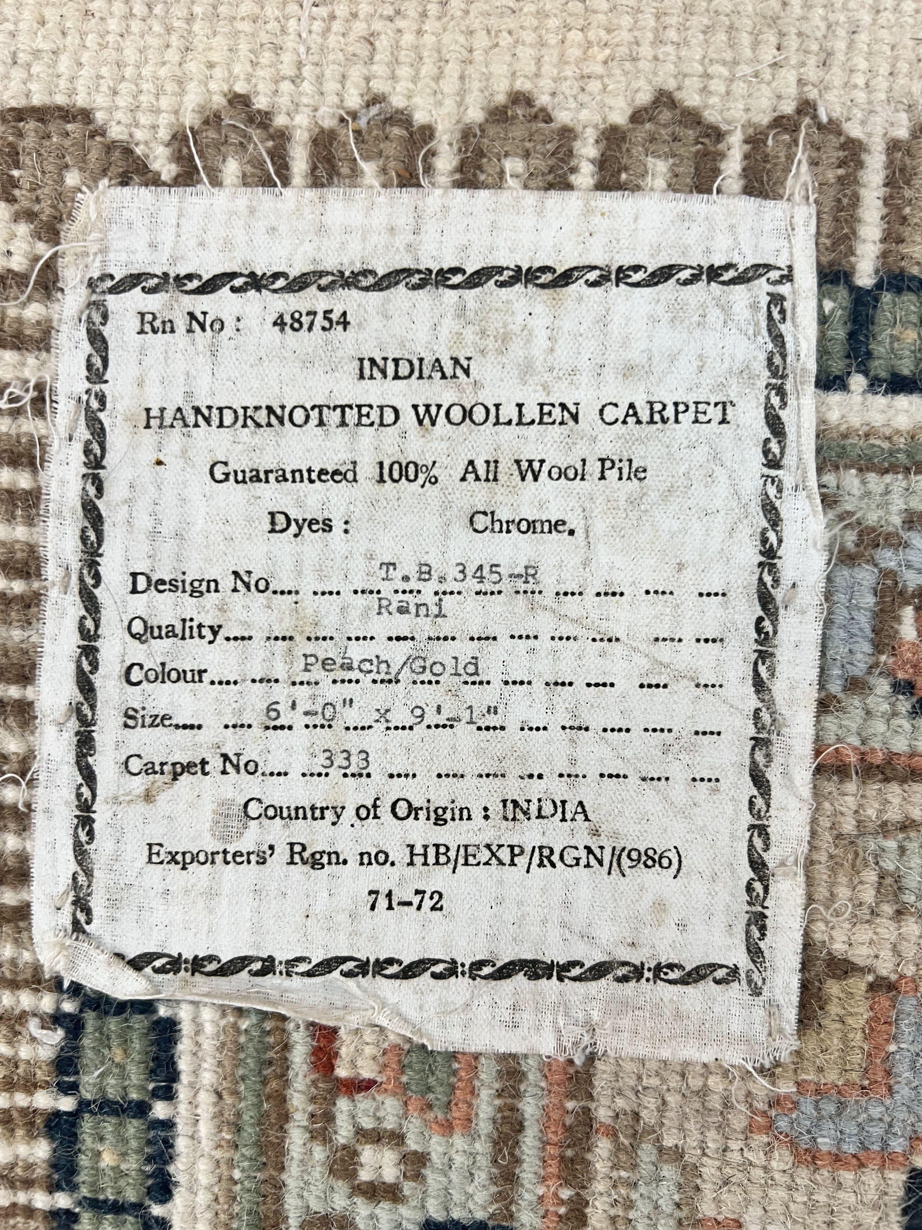 Indo Persian Rug 6x9, Wool Hand Knotted Vintage Carpet, Salmon & Ivory, Traditional Oriental Rug 6 x 9 - Image 10