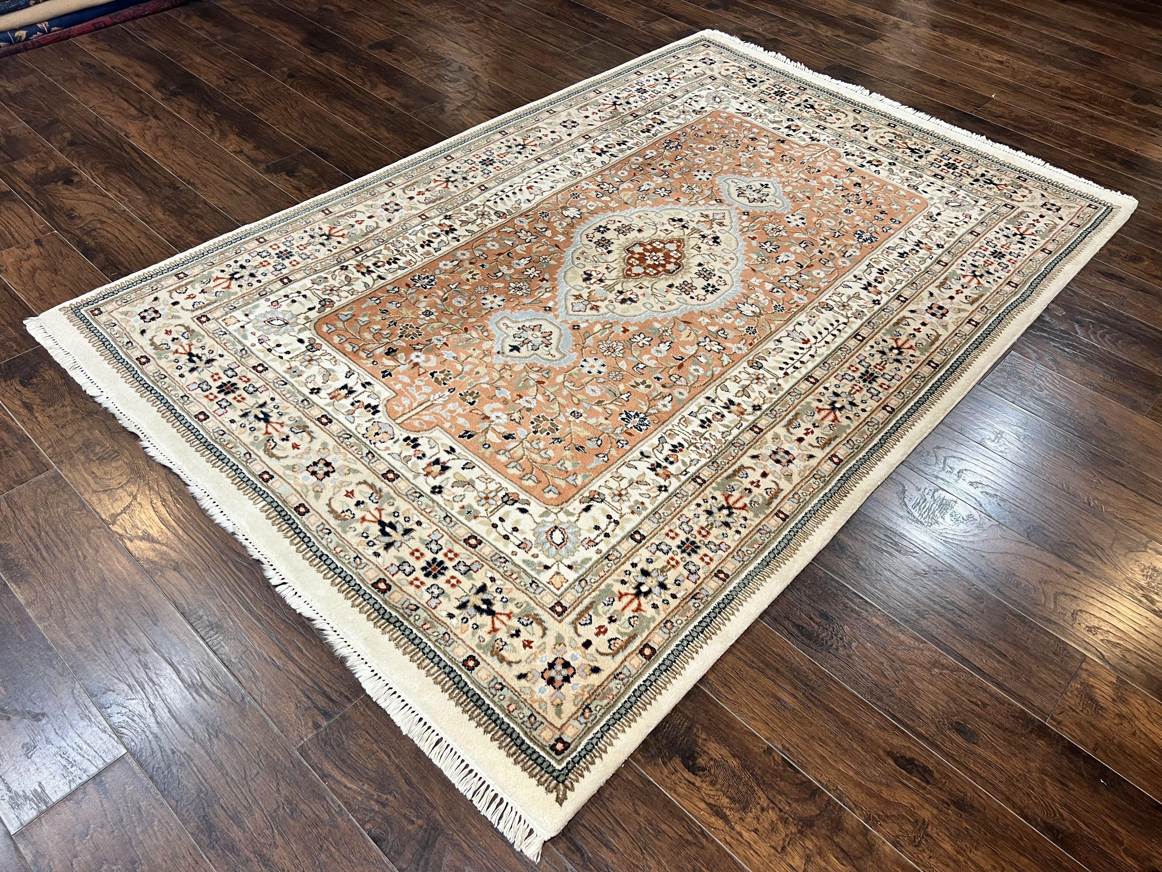 Indo Persian Rug 6x9, Wool Hand Knotted Vintage Carpet, Salmon & Ivory, Traditional Oriental Rug 6 x 9 - Image 2