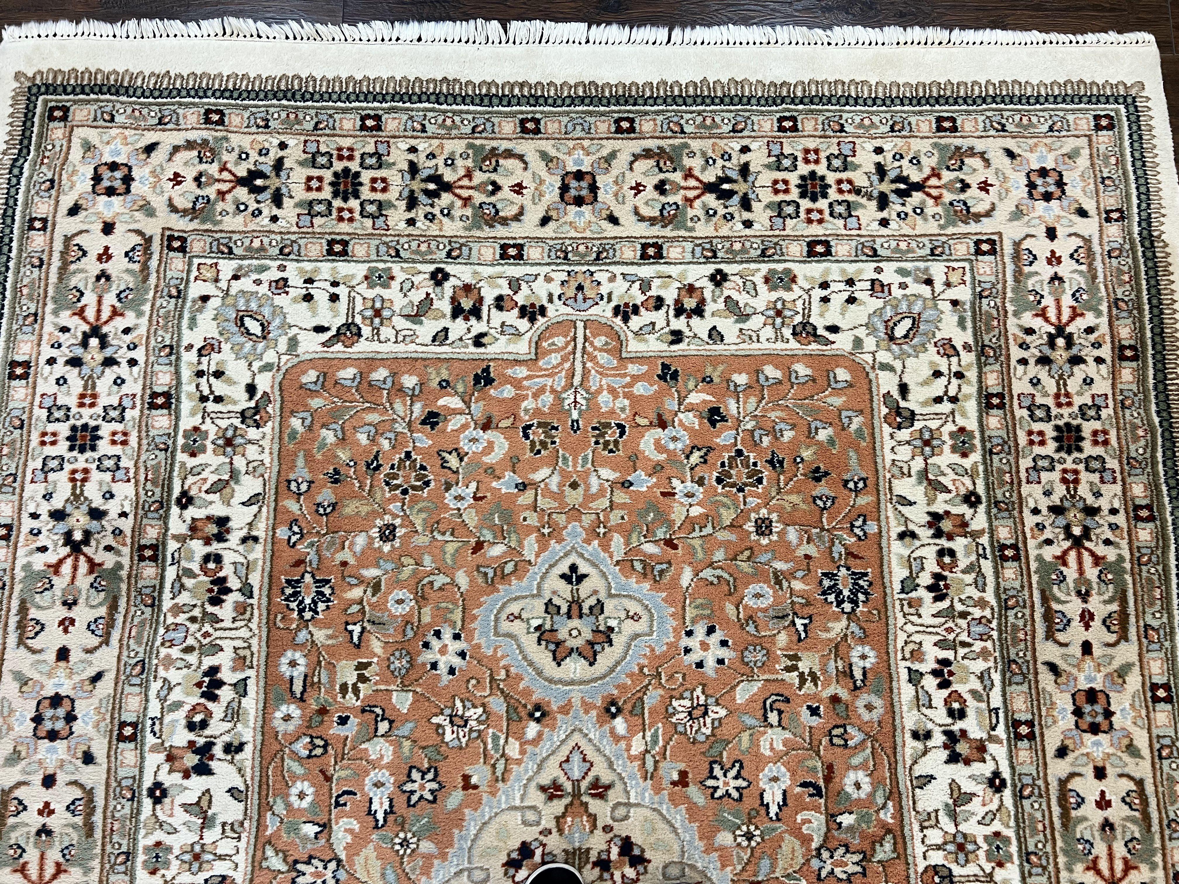 Indo Persian Rug 6x9, Wool Hand Knotted Vintage Carpet, Salmon & Ivory, Traditional Oriental Rug 6 x 9 - Image 3