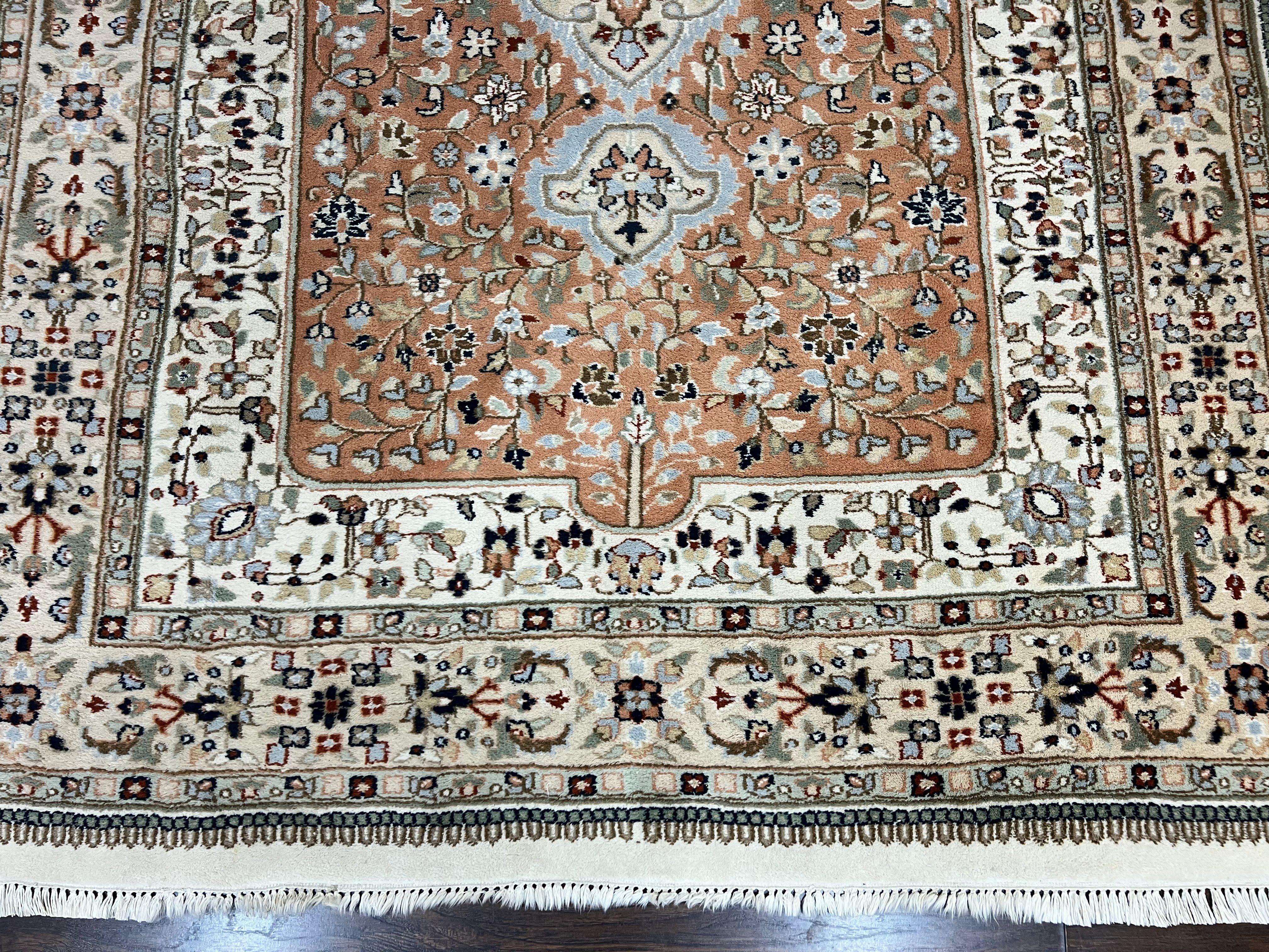 Indo Persian Rug 6x9, Wool Hand Knotted Vintage Carpet, Salmon & Ivory, Traditional Oriental Rug 6 x 9 - Image 5