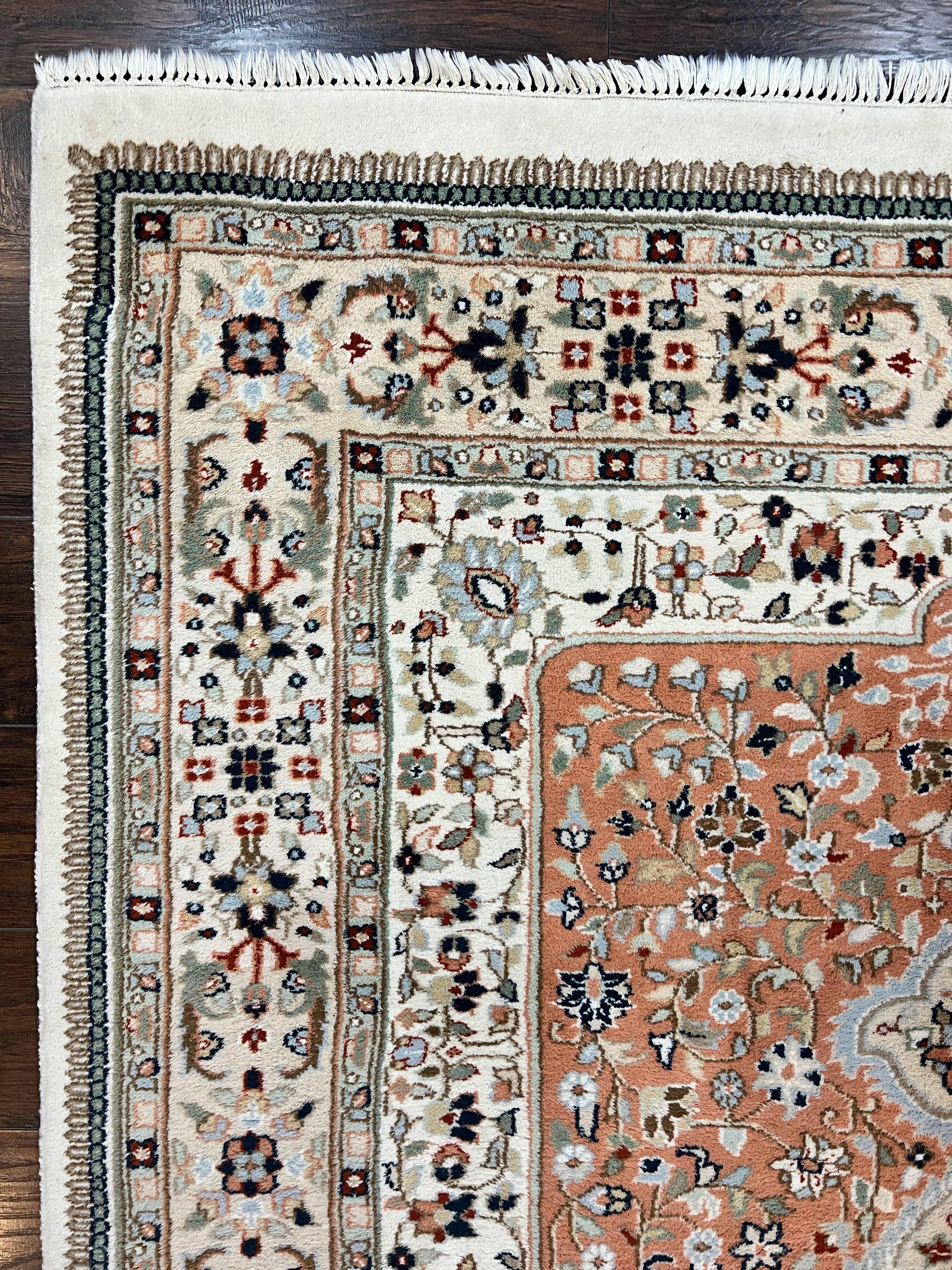 Indo Persian Rug 6x9, Wool Hand Knotted Vintage Carpet, Salmon & Ivory, Traditional Oriental Rug 6 x 9 - Image 6