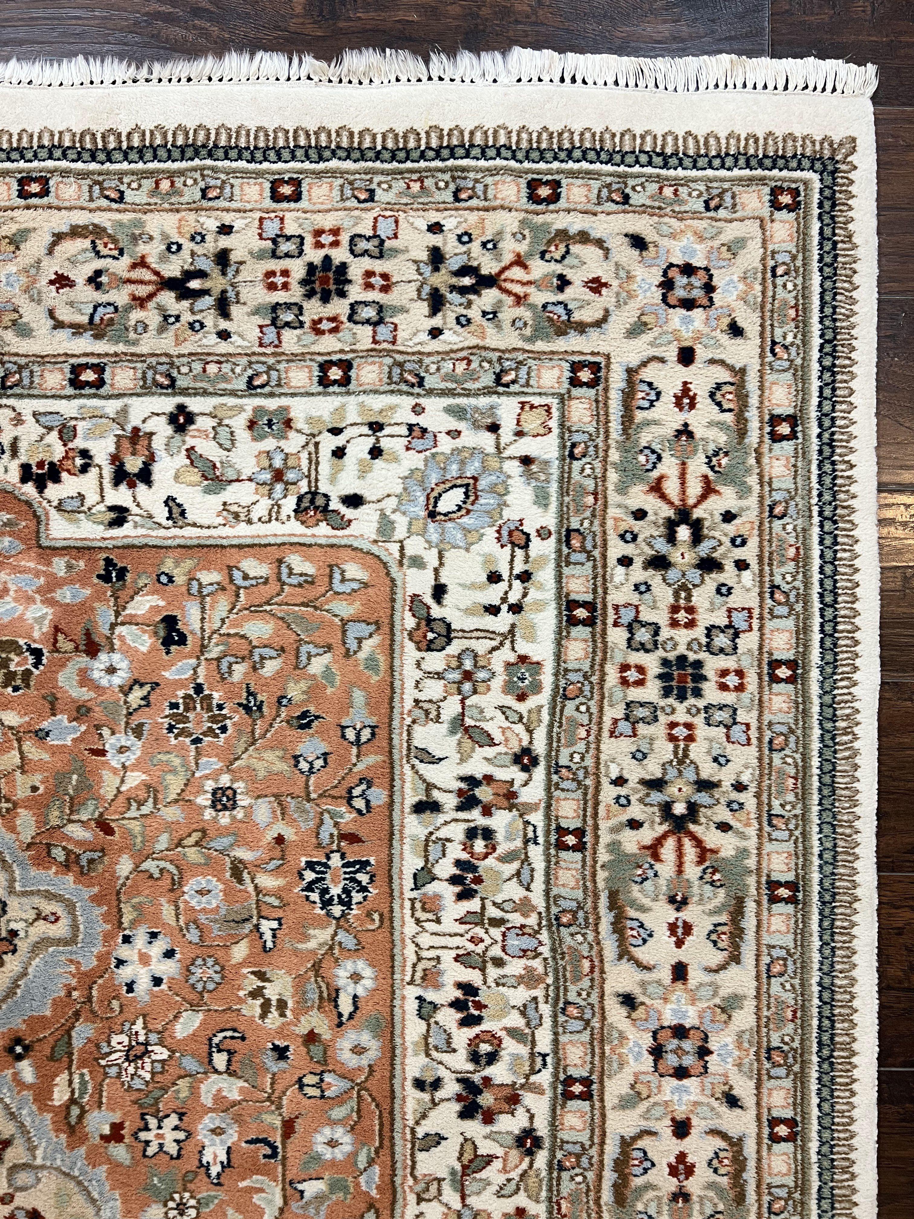Indo Persian Rug 6x9, Wool Hand Knotted Vintage Carpet, Salmon & Ivory, Traditional Oriental Rug 6 x 9 - Image 7