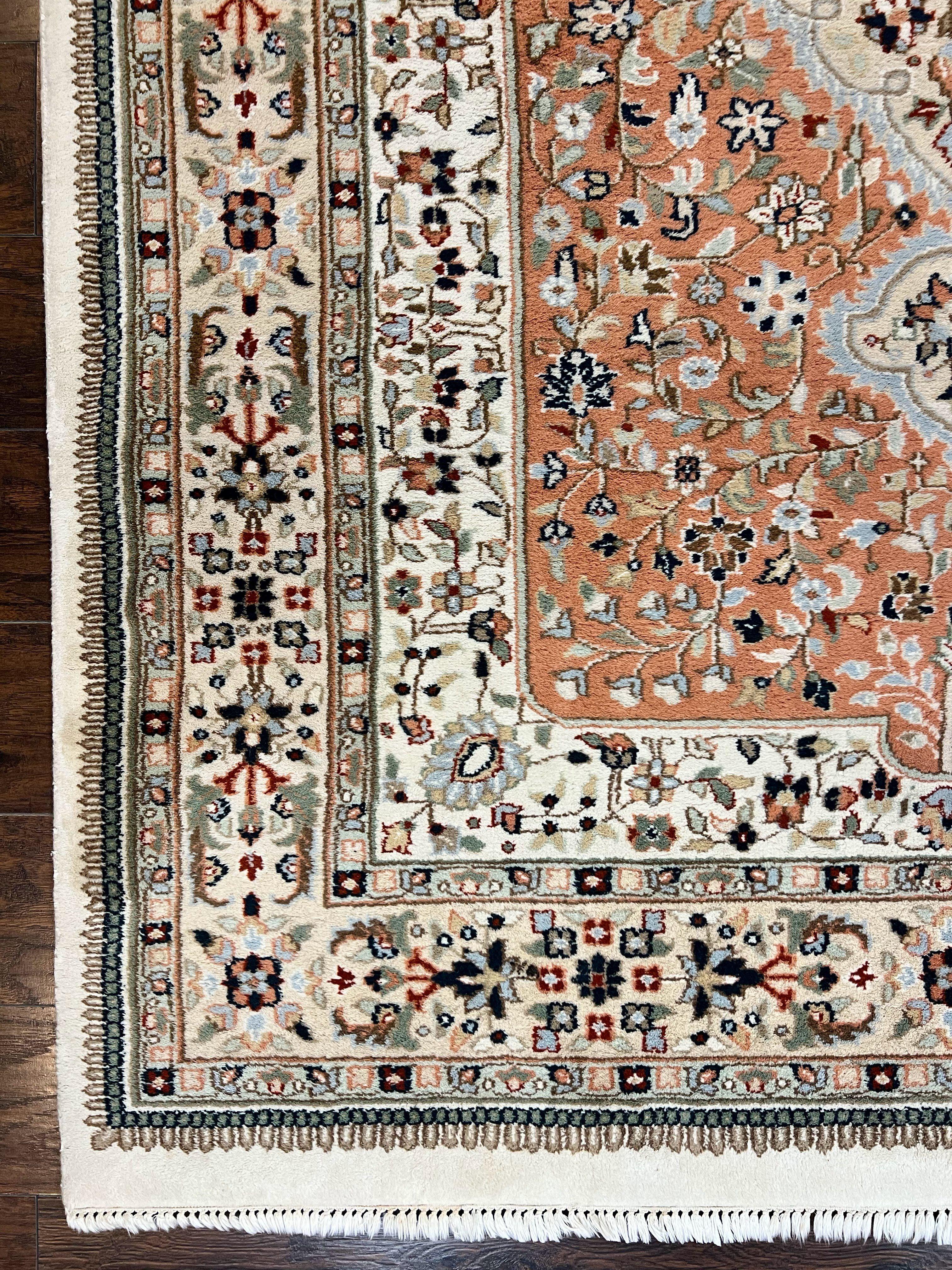 Indo Persian Rug 6x9, Wool Hand Knotted Vintage Carpet, Salmon & Ivory, Traditional Oriental Rug 6 x 9 - Image 8