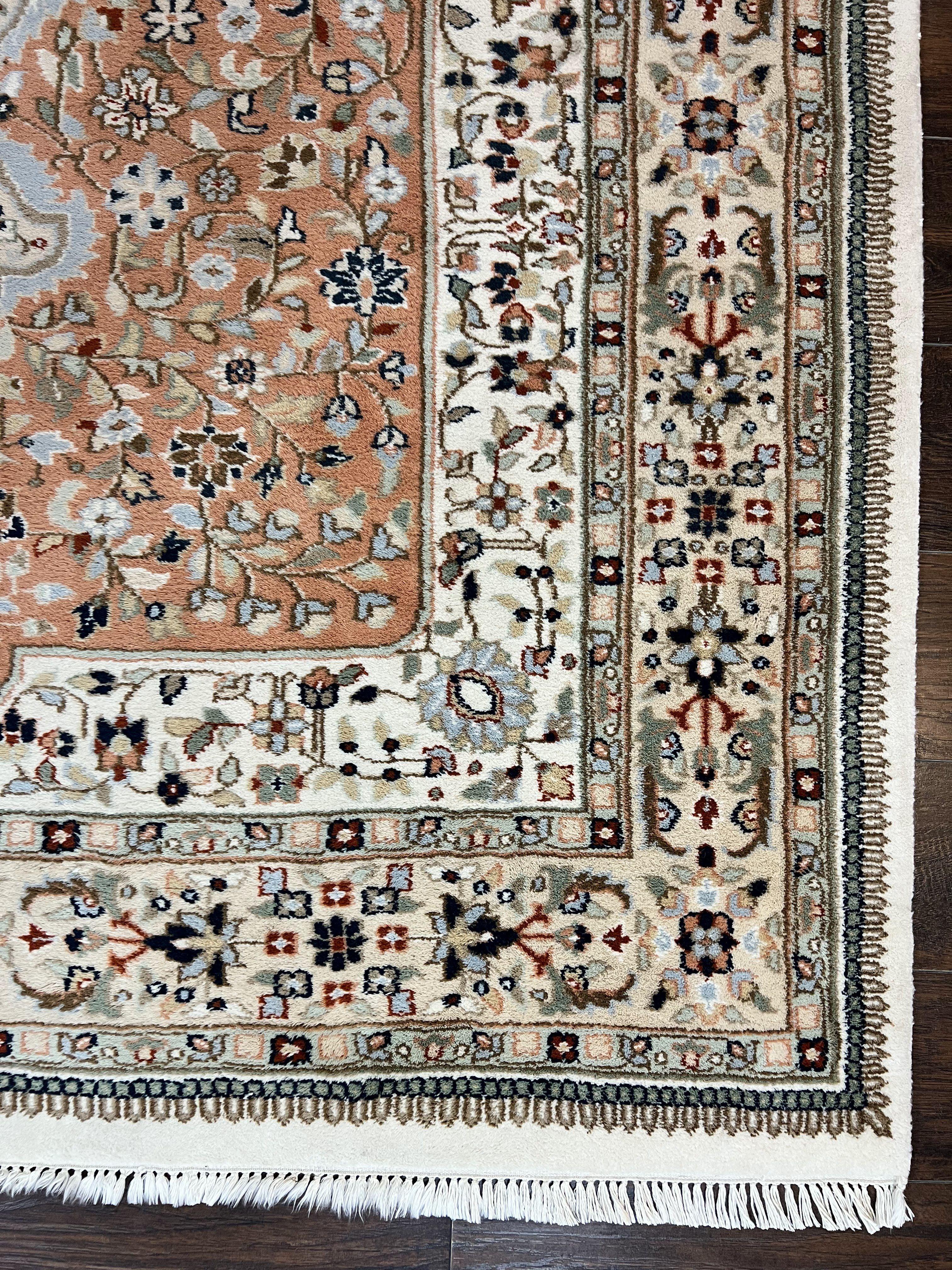 Indo Persian Rug 6x9, Wool Hand Knotted Vintage Carpet, Salmon & Ivory, Traditional Oriental Rug 6 x 9 - Image 9