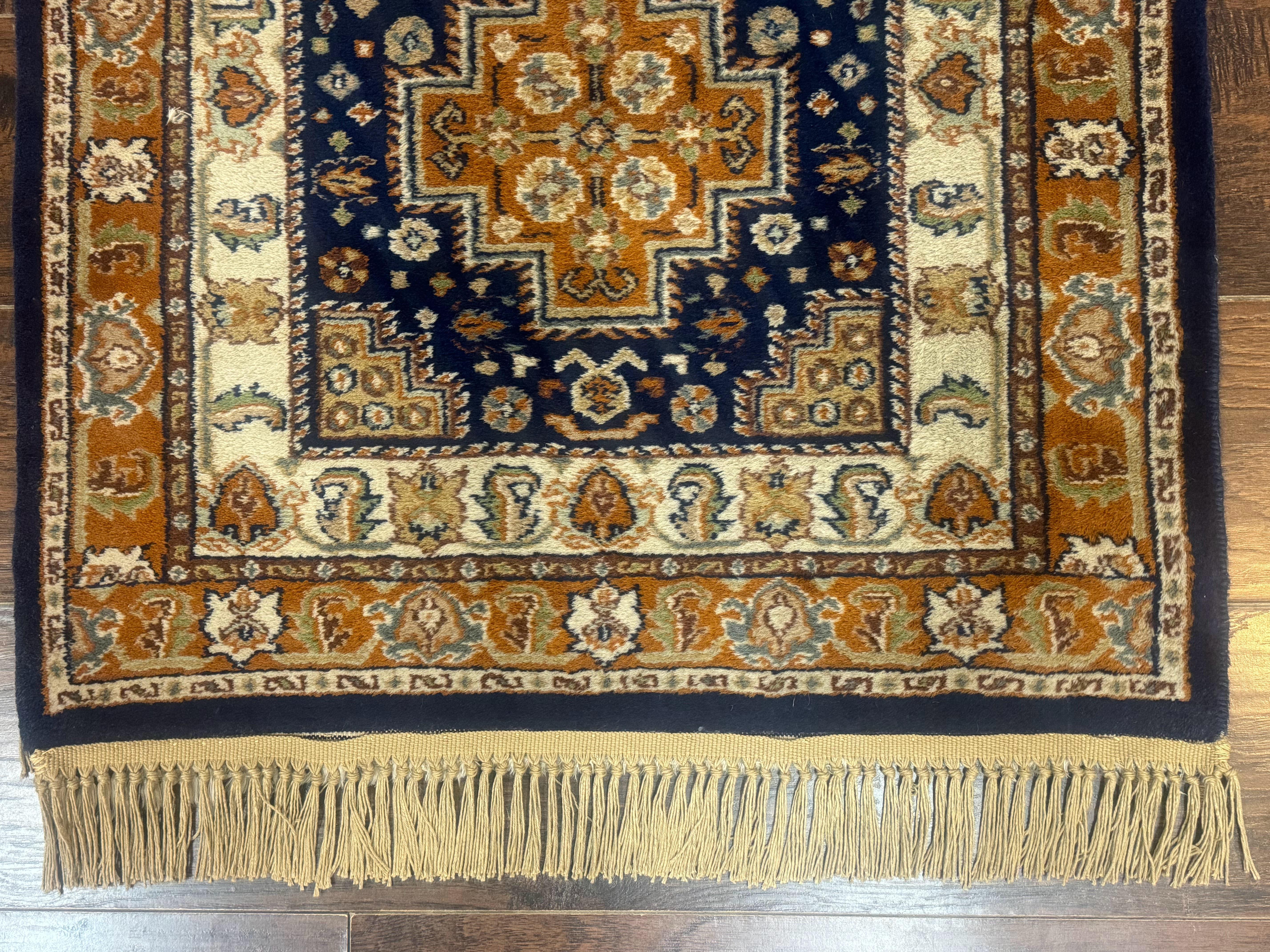 Indo Persian Runner Rug 2.6 x 12.7, Indian Kashmiri Runner for Hallway or Kitchen, Navy Blue, Geometric Medallions, Handmade Wool - Image 8