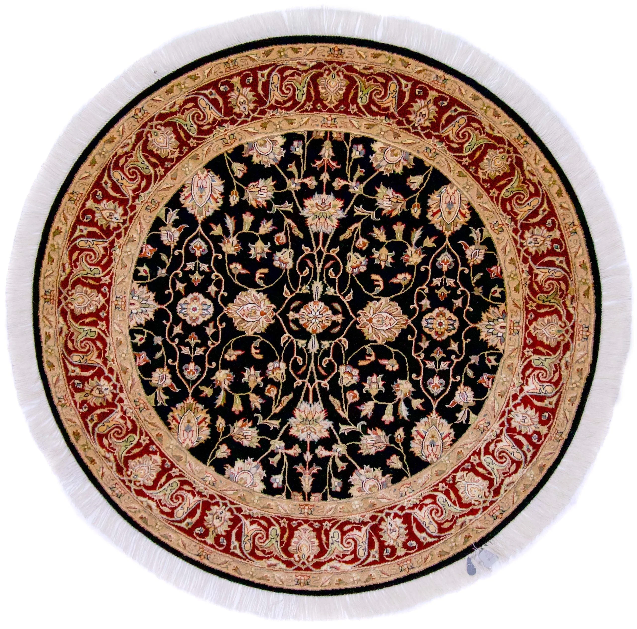 Indo-Tabriz Wool & Silk blk/dkred 4' round