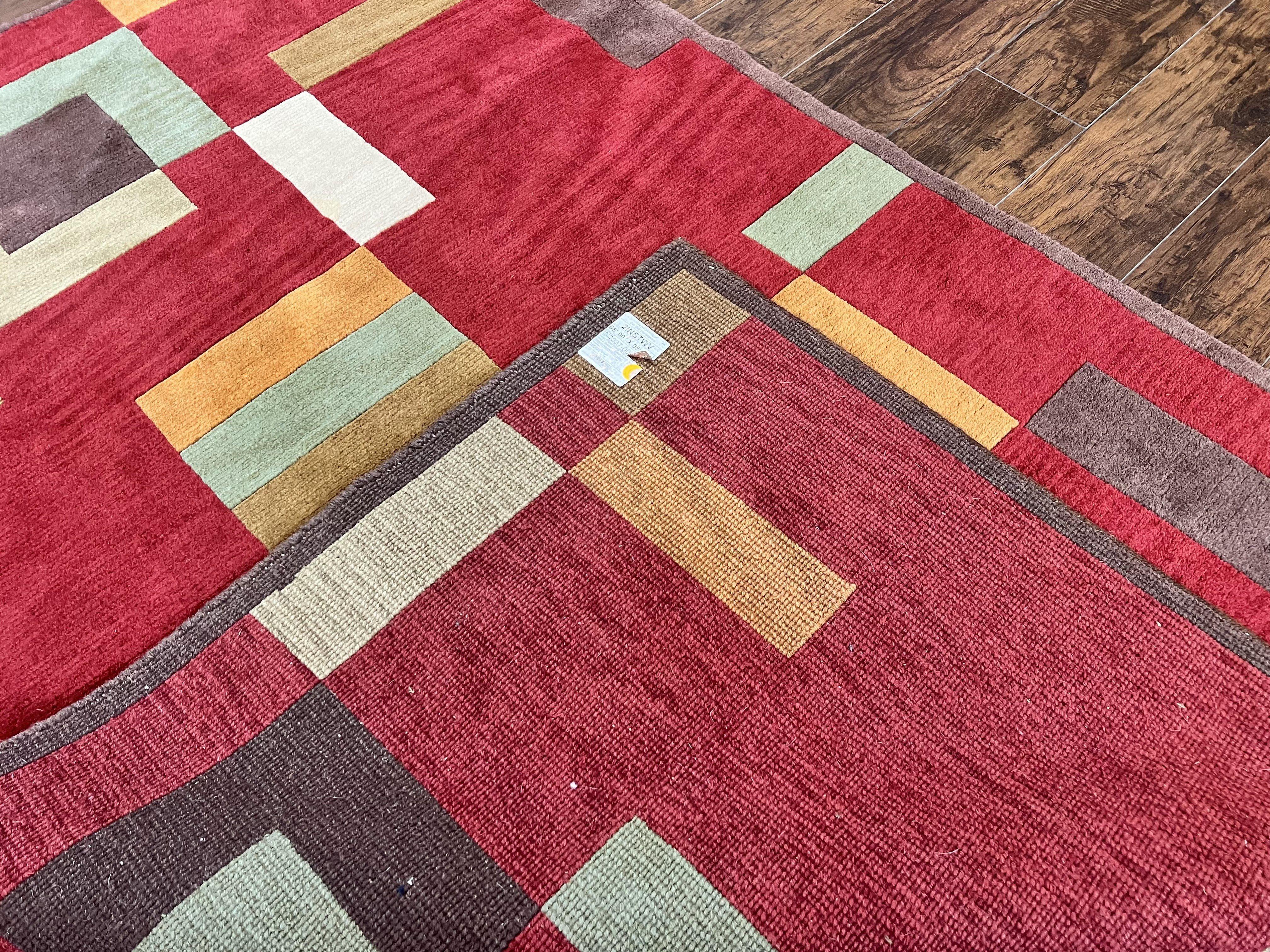 Indo Tibetan Modern Rug 5x8, Abstract Rug 5 x 8 ft, Red Multicolor Wool Handmade Contemporary Area Rug - Image 11