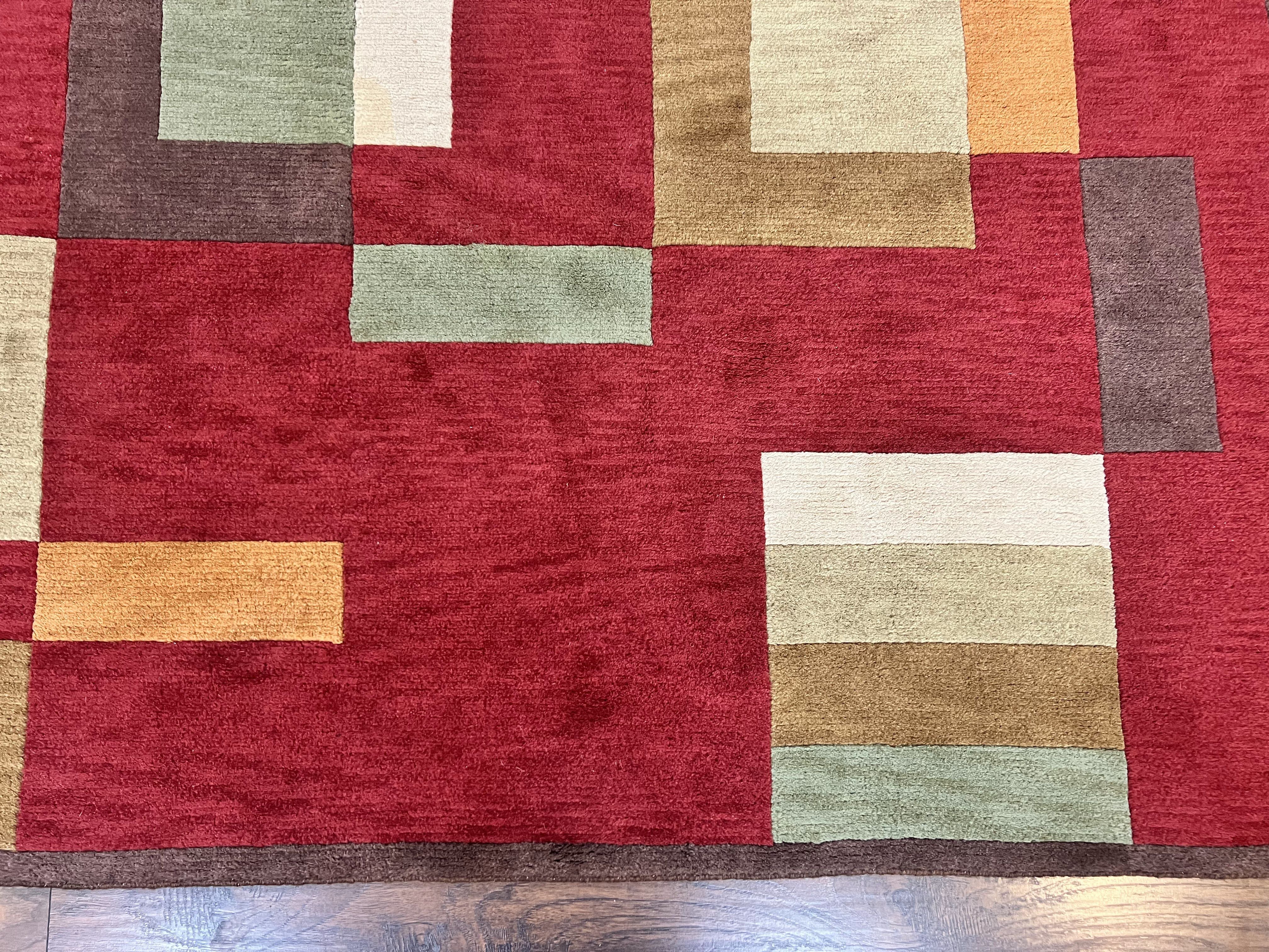Indo Tibetan Modern Rug 5x8, Abstract Rug 5 x 8 ft, Red Multicolor Wool Handmade Contemporary Area Rug - Image 5