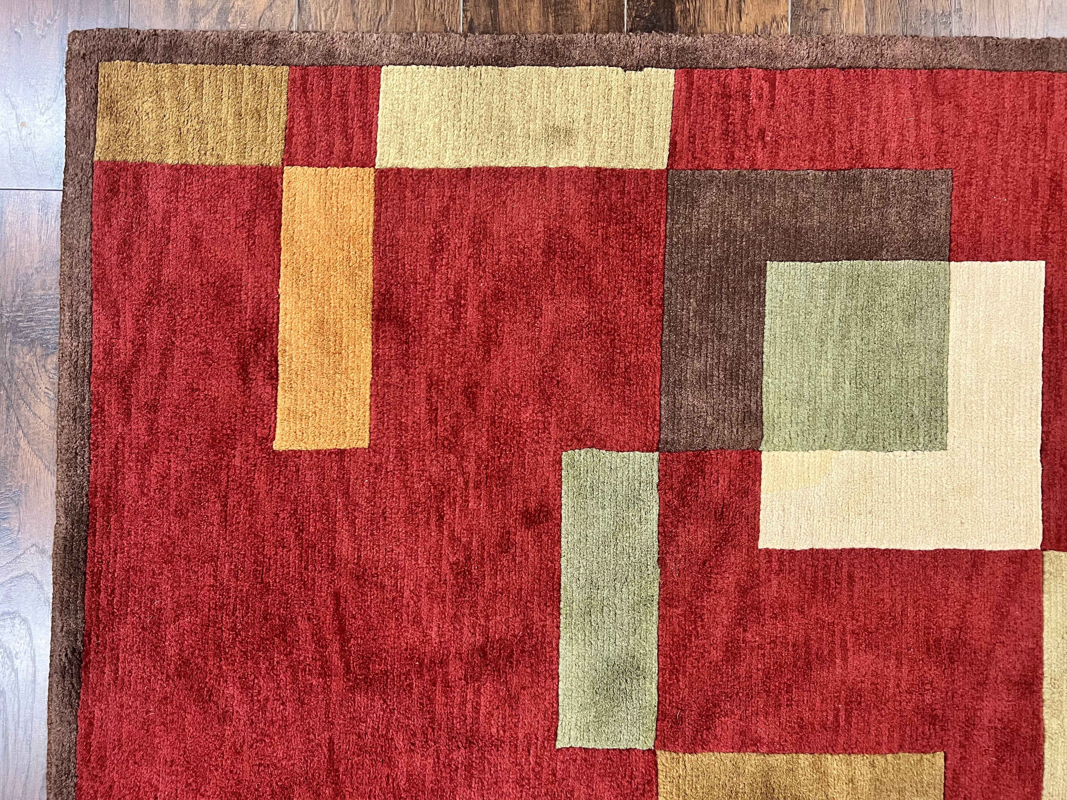 Indo Tibetan Modern Rug 5x8, Abstract Rug 5 x 8 ft, Red Multicolor Wool Handmade Contemporary Area Rug - Image 6