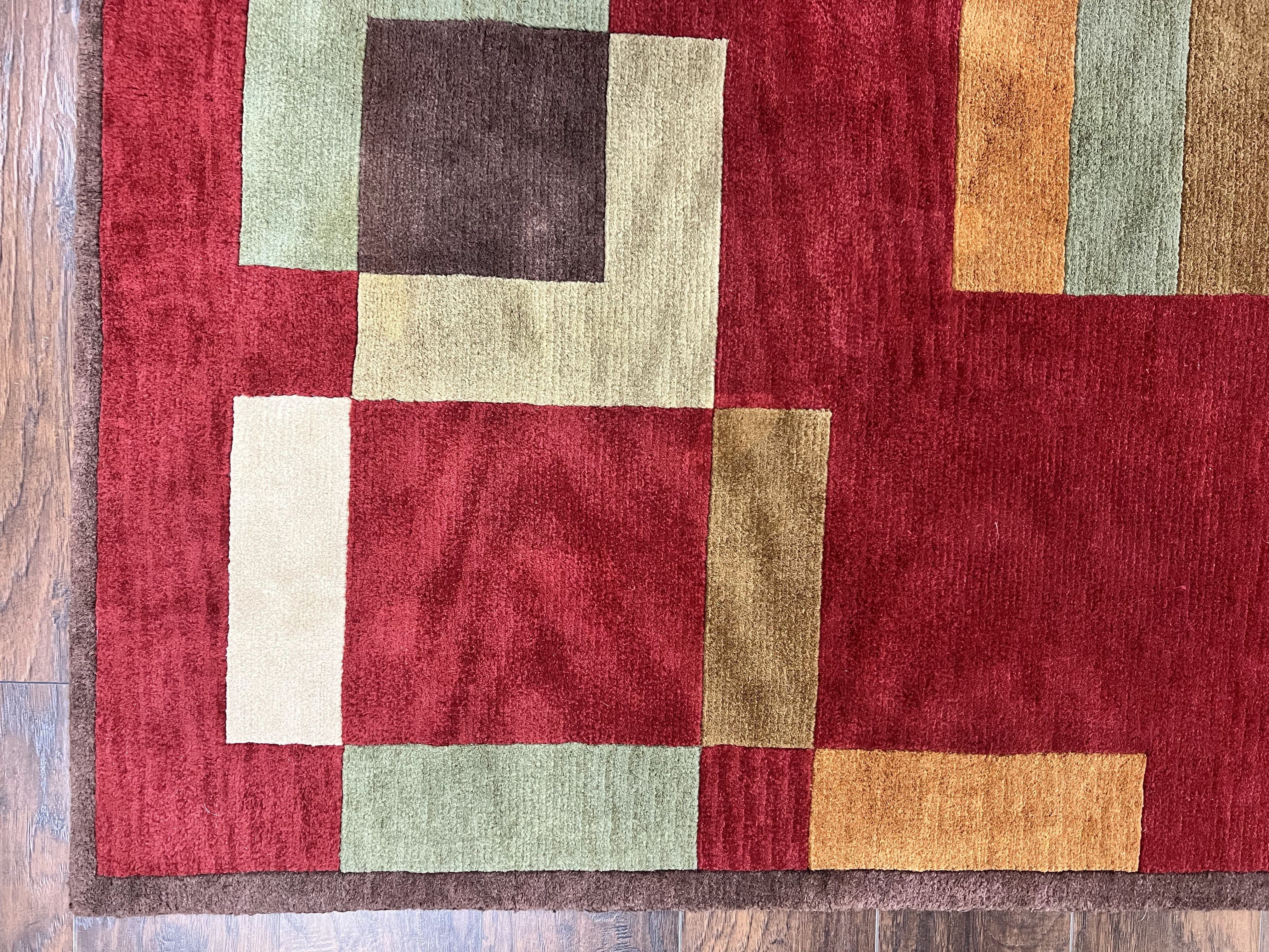 Indo Tibetan Modern Rug 5x8, Abstract Rug 5 x 8 ft, Red Multicolor Wool Handmade Contemporary Area Rug - Image 8