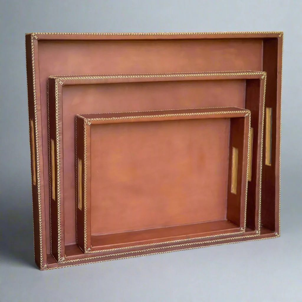 Jefe | Cedar Wood + Leather Rectangle Ottoman Tray Set - Image 2
