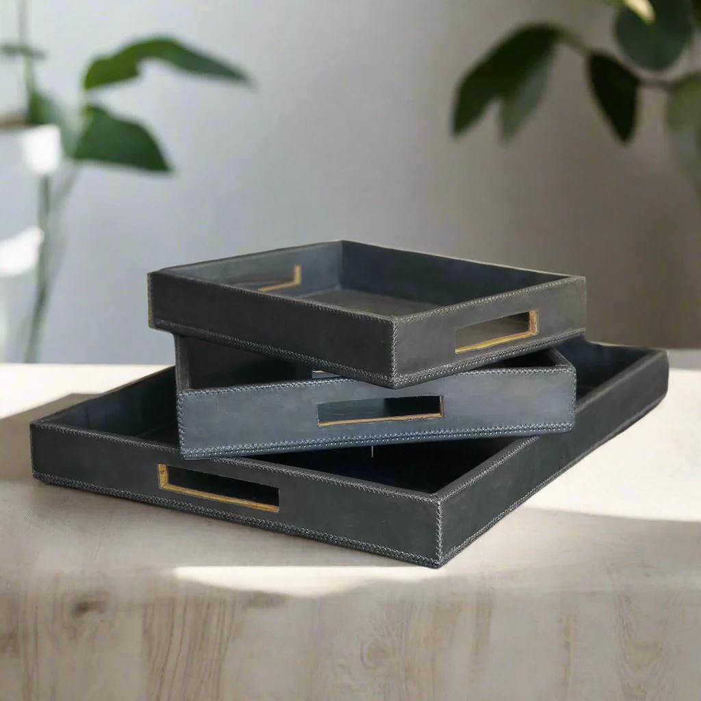 Jefe | Cedar Wood + Leather Rectangle Ottoman Tray Set - Image 3
