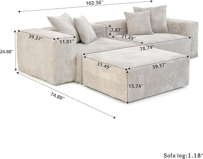 Kanso Corduroy Modular Bouclé Cloud Couch - Beige - 2-Seater Sectional Sofa with Ottoman - Image 7