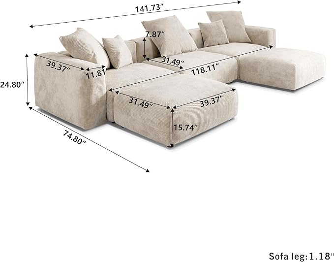 Kanso Corduroy Modular Bouclé Cloud Couch - Beige - 3-Seater Sectional Sofa with 2 Ottomans - Image 5