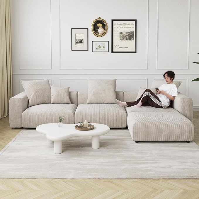 Kanso Corduroy Modular Bouclé Cloud Couch - Beige - 3-Seater Sectional Sofa with Ottoman - Image 3