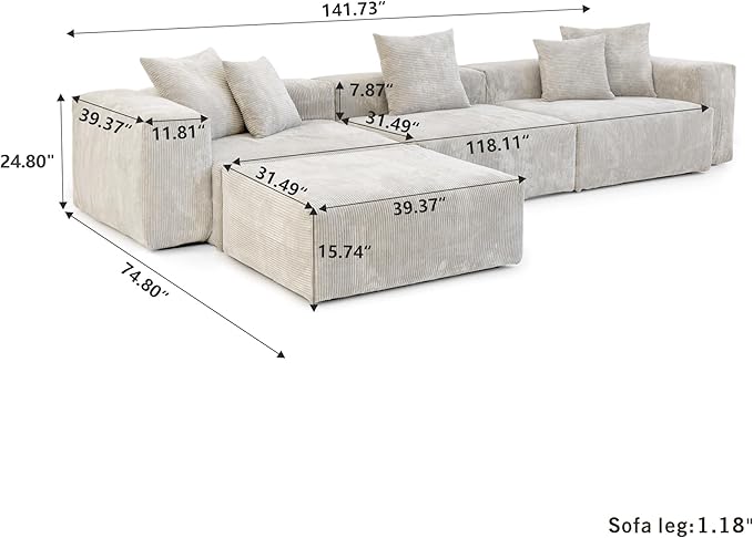 Kanso Corduroy Modular Bouclé Cloud Couch - Beige - 3-Seater Sectional Sofa with Ottoman - Image 8