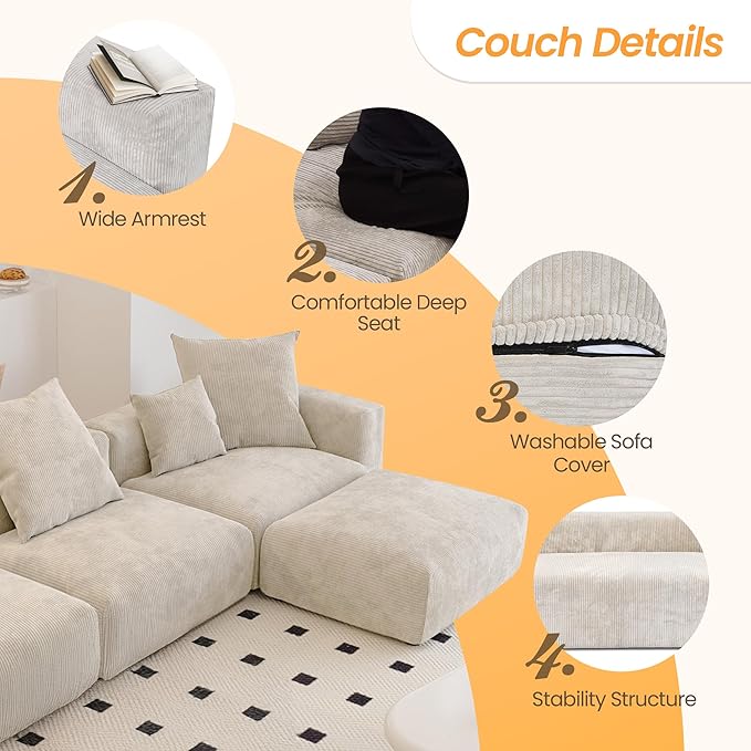 Kanso Corduroy Modular Bouclé Cloud Couch - Beige - 4-Seater Sectional Sofa with Ottoman - Image 3