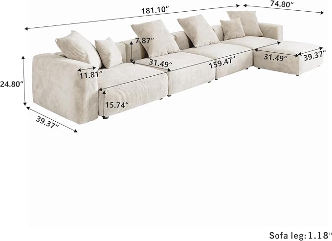 Kanso Corduroy Modular Bouclé Cloud Couch - Beige - 4-Seater Sectional Sofa with Ottoman - Image 7