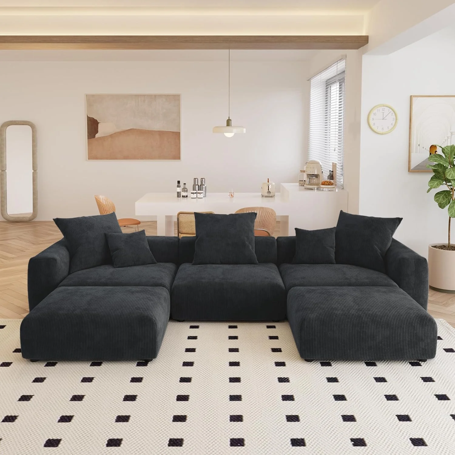 Kanso Corduroy Modular Bouclé Cloud Couch - Black - 3-Seater Sectional Sofa with 2 Ottomans