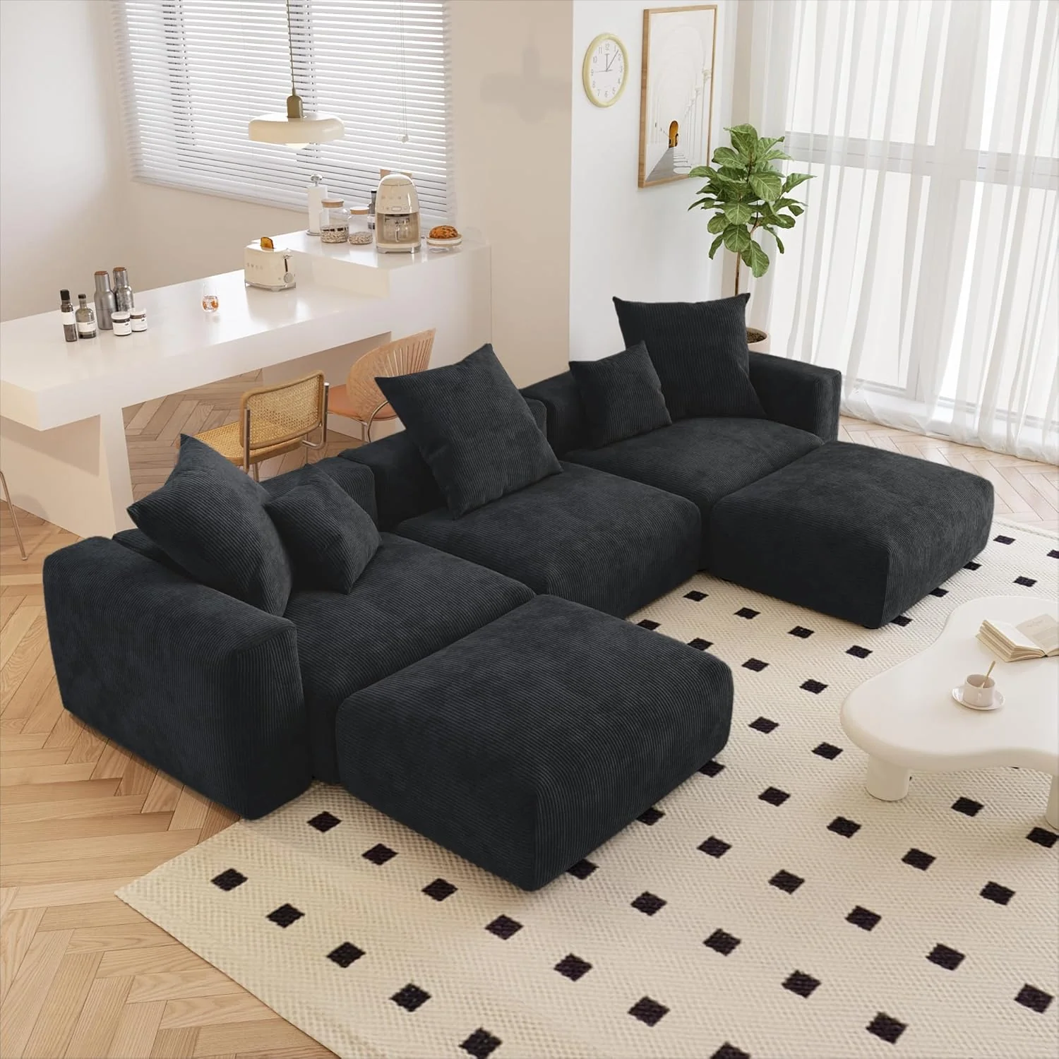 Kanso Corduroy Modular Bouclé Cloud Couch - Black - 3-Seater Sectional Sofa with 2 Ottomans - Image 2
