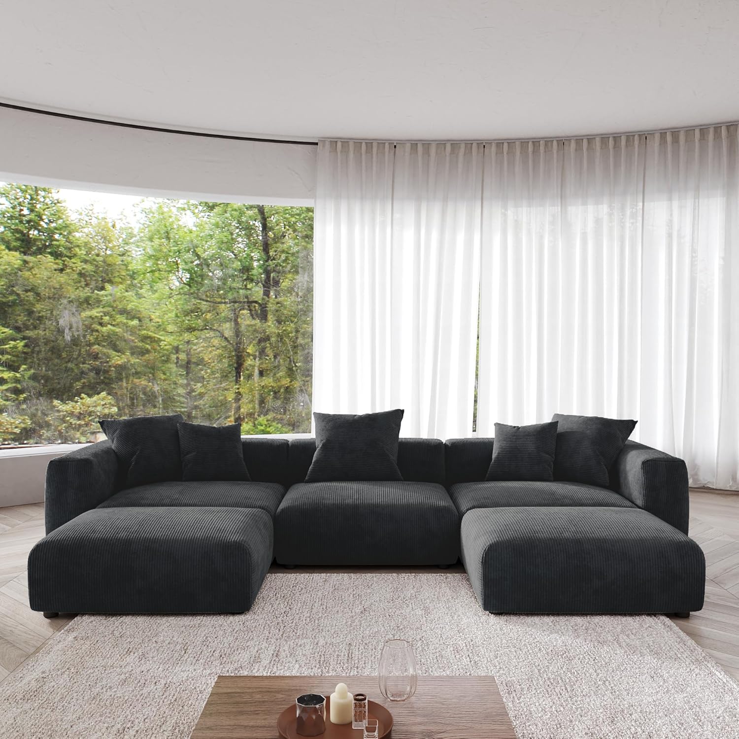 Kanso Corduroy Modular Bouclé Cloud Couch - Black - 3-Seater Sectional Sofa with 2 Ottomans - Image 3