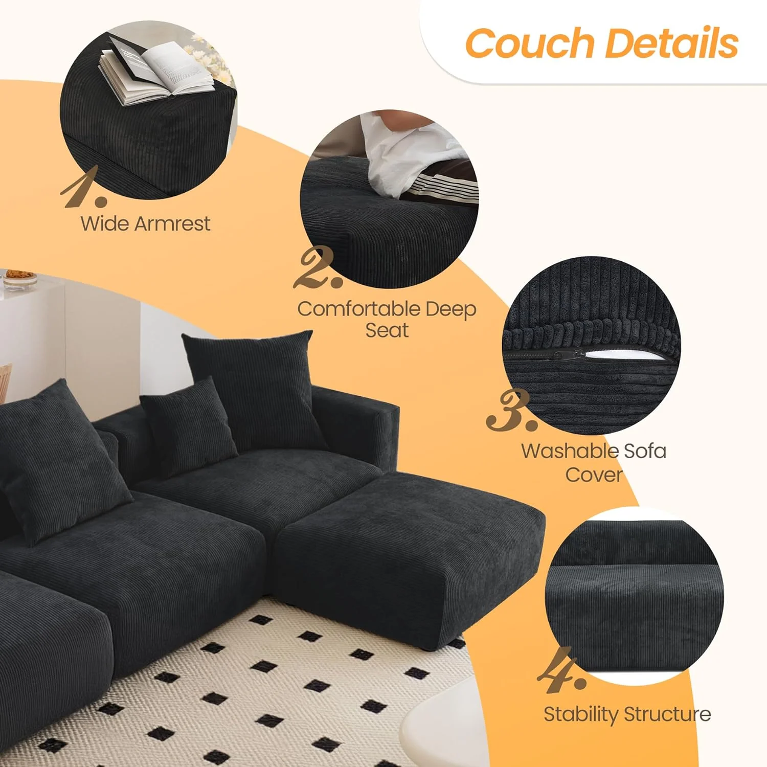 Kanso Corduroy Modular Bouclé Cloud Couch - Black - 3-Seater Sectional Sofa with 2 Ottomans - Image 5